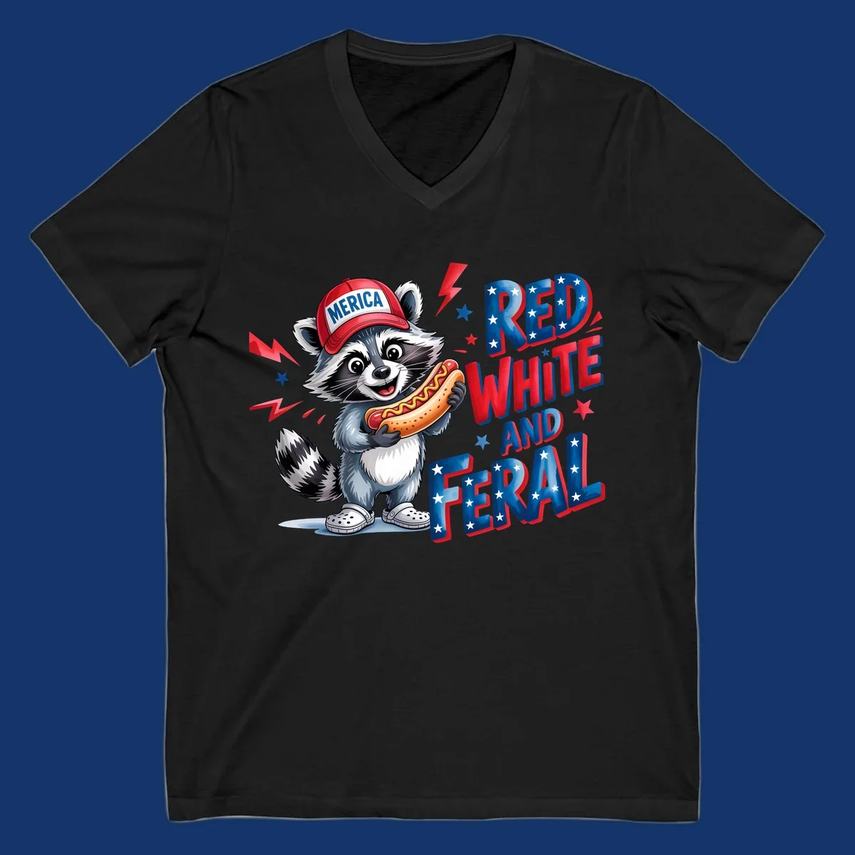 A cartoon raccoon wearing a 'MERICA' hat and holding a hot dog, next to text 'RED WHITE AND FERAL'. This is a raccoon-red-white-feral design.