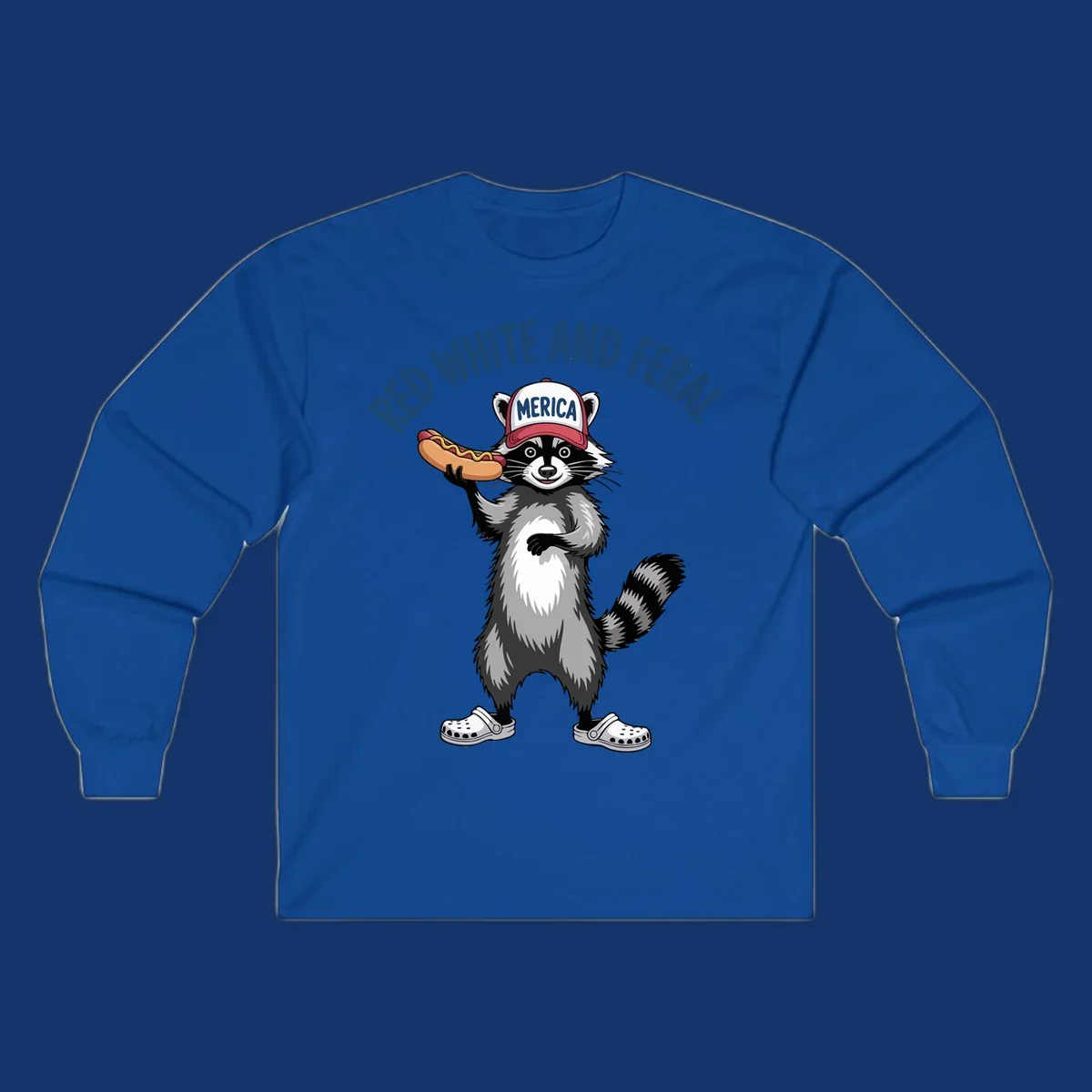 A patriotic raccoon in a MERICA hat and Crocs holds a hot dog, with 'RED WHITE AND FERAL' text. Features the red-white-feral-raccoon concept.