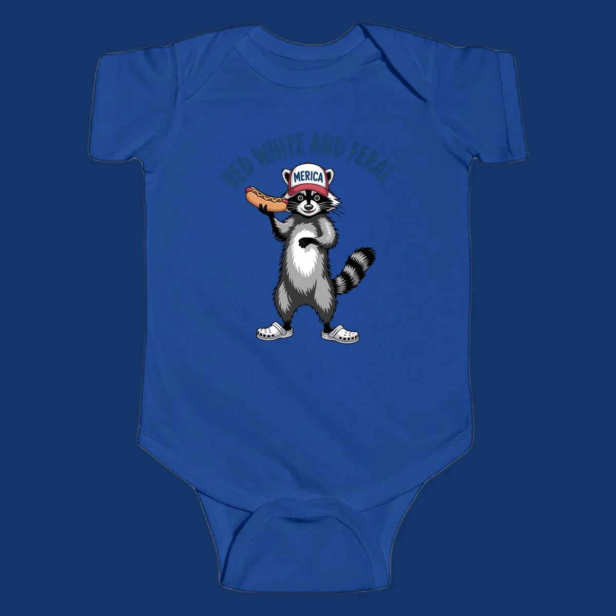 A patriotic raccoon in a MERICA hat and Crocs holds a hot dog, with 'RED WHITE AND FERAL' text. Features the red-white-feral-raccoon concept.