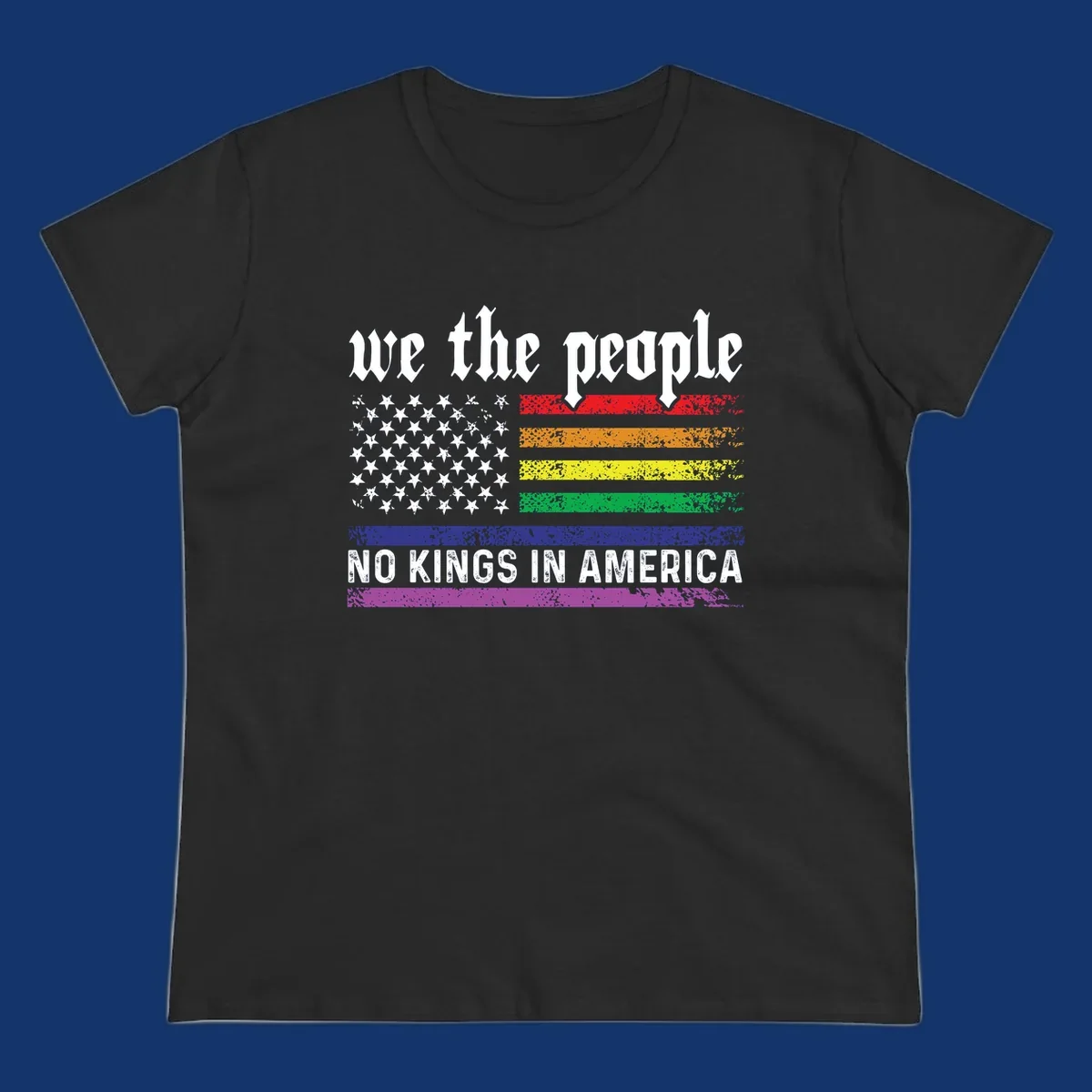 A distressed American flag with rainbow stripes and white stars, featuring 'we the people' and 'NO KINGS IN AMERICA' text.