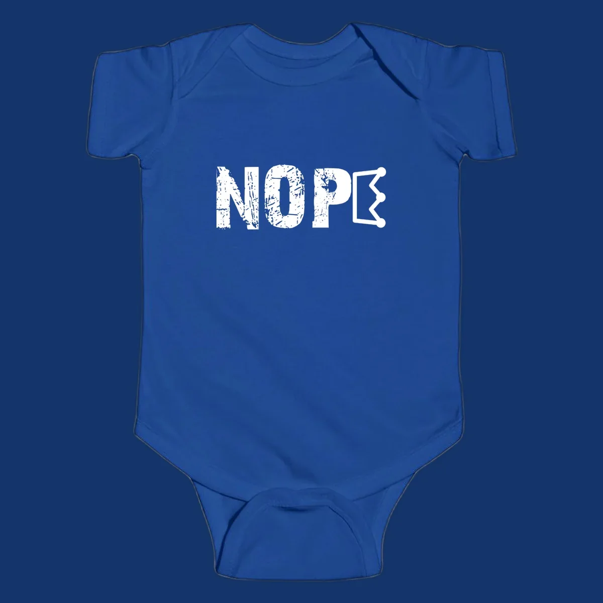 A distressed 'NOPE' text design where the 'E' is a crown outline, clean on all garment colors.
