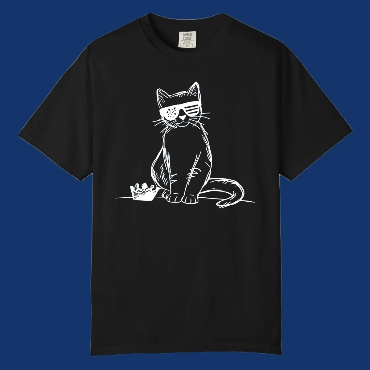 A white sketch of a cat wearing star-spangled sunglasses, sitting next to a small crown, representing patriotic-cat-sunglasses.