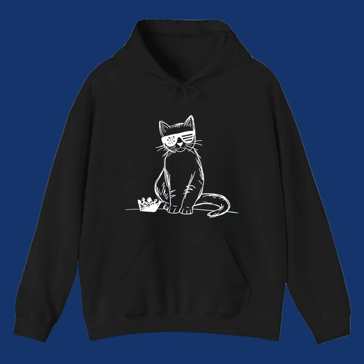 A white sketch of a cat wearing star-spangled sunglasses, sitting next to a small crown, representing patriotic-cat-sunglasses.