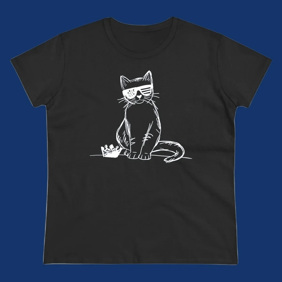 A white sketch of a cat wearing star-spangled sunglasses, sitting next to a small crown, representing patriotic-cat-sunglasses.
