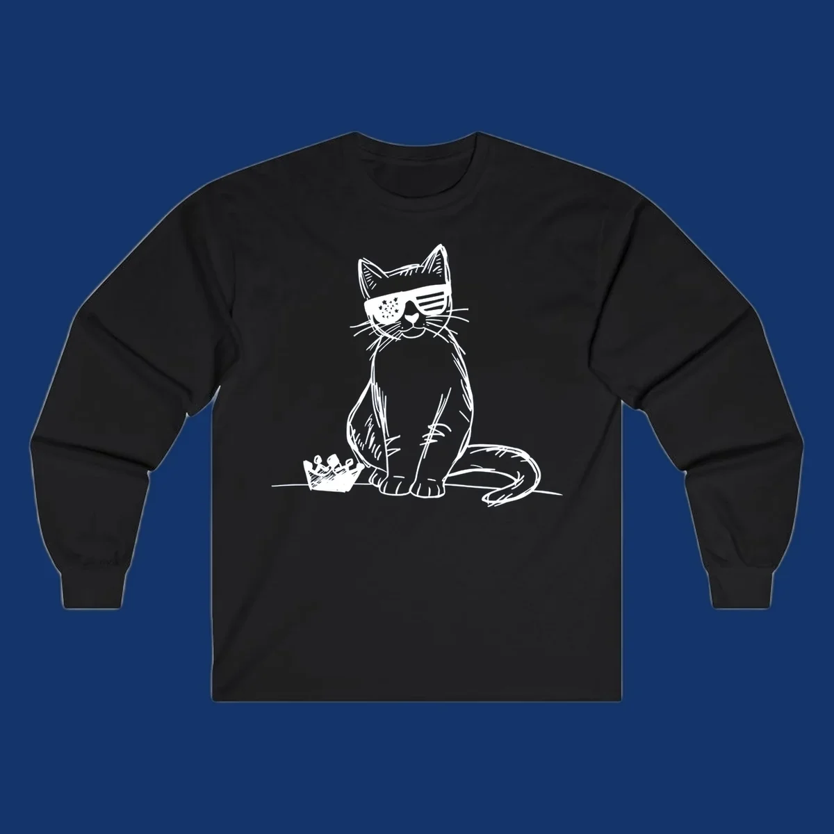 A white sketch of a cat wearing star-spangled sunglasses, sitting next to a small crown, representing patriotic-cat-sunglasses.