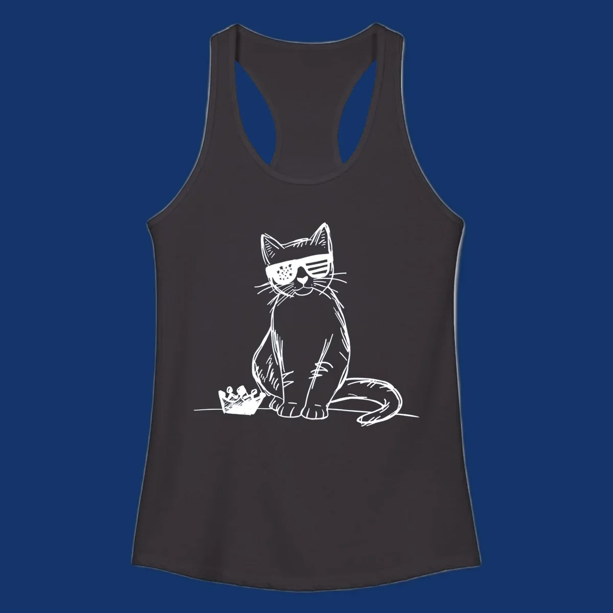 A white sketch of a cat wearing star-spangled sunglasses, sitting next to a small crown, representing patriotic-cat-sunglasses.