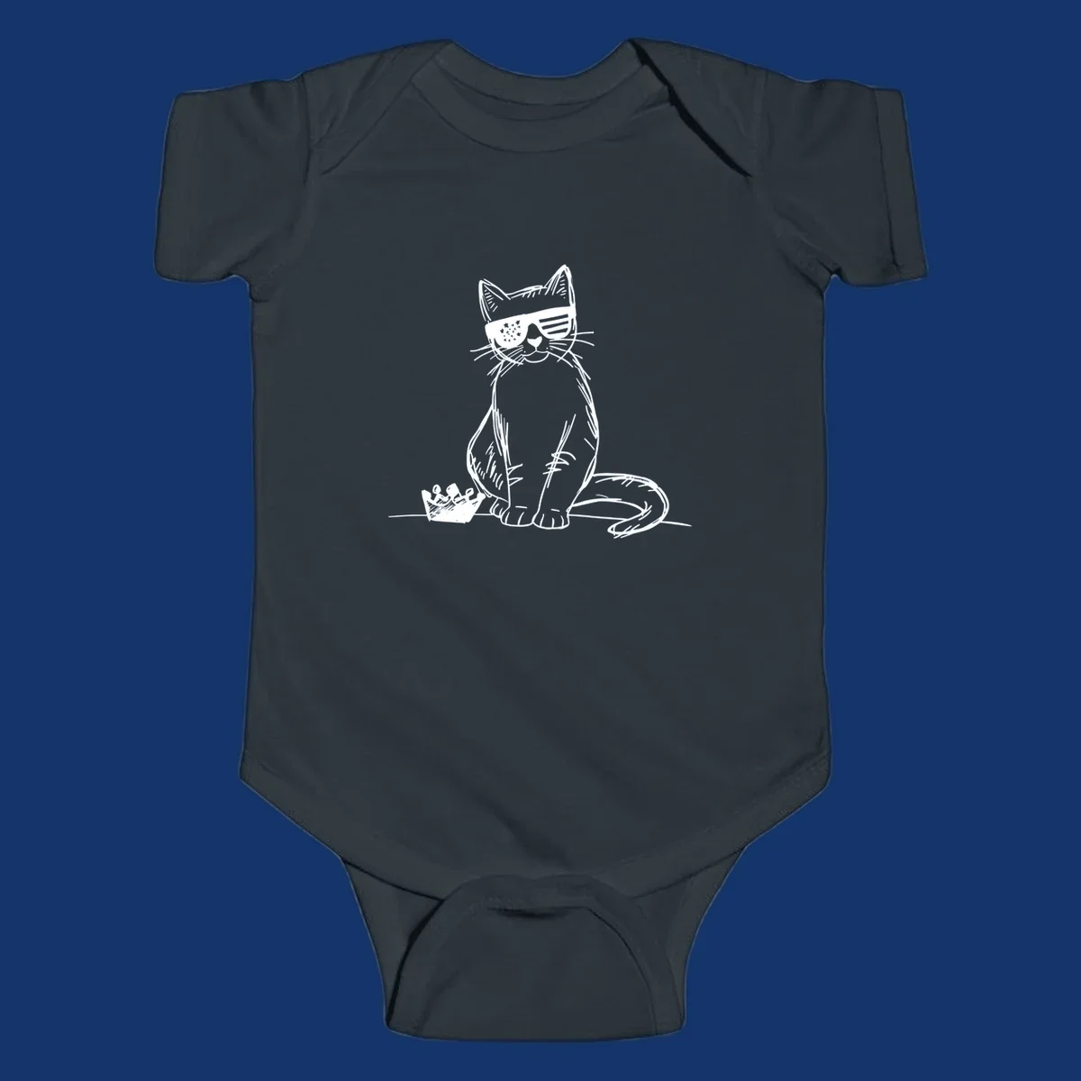 A white sketch of a cat wearing star-spangled sunglasses, sitting next to a small crown, representing patriotic-cat-sunglasses.
