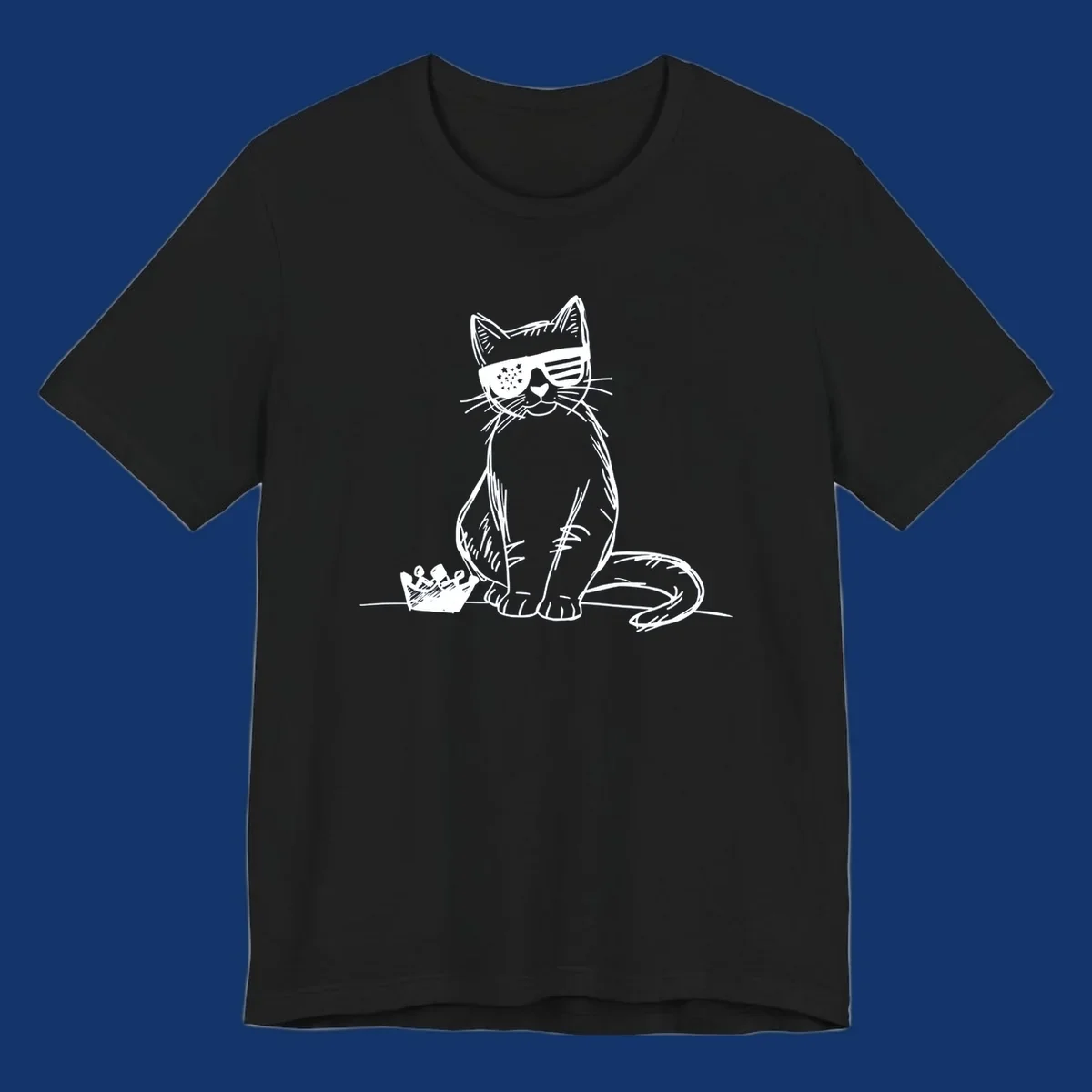 A white sketch of a cat wearing star-spangled sunglasses, sitting next to a small crown, representing patriotic-cat-sunglasses.