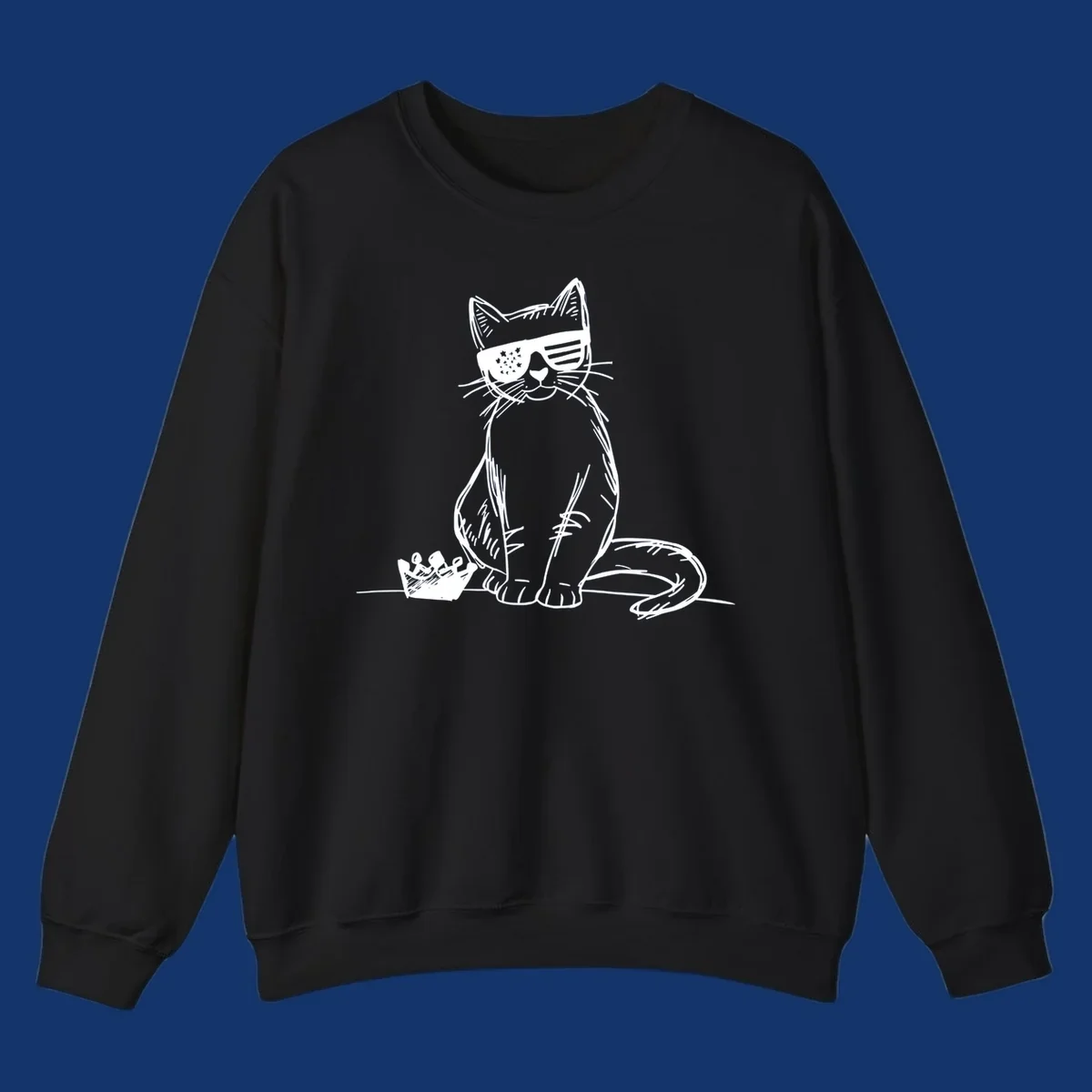 A white sketch of a cat wearing star-spangled sunglasses, sitting next to a small crown, representing patriotic-cat-sunglasses.