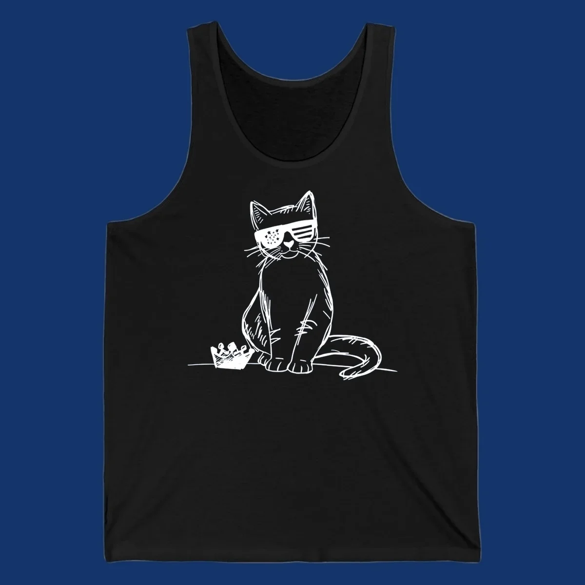 A white sketch of a cat wearing star-spangled sunglasses, sitting next to a small crown, representing patriotic-cat-sunglasses.