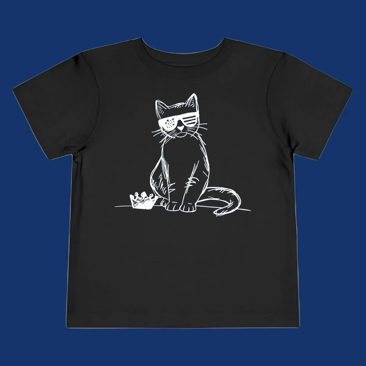 A white sketch of a cat wearing star-spangled sunglasses, sitting next to a small crown, representing patriotic-cat-sunglasses.