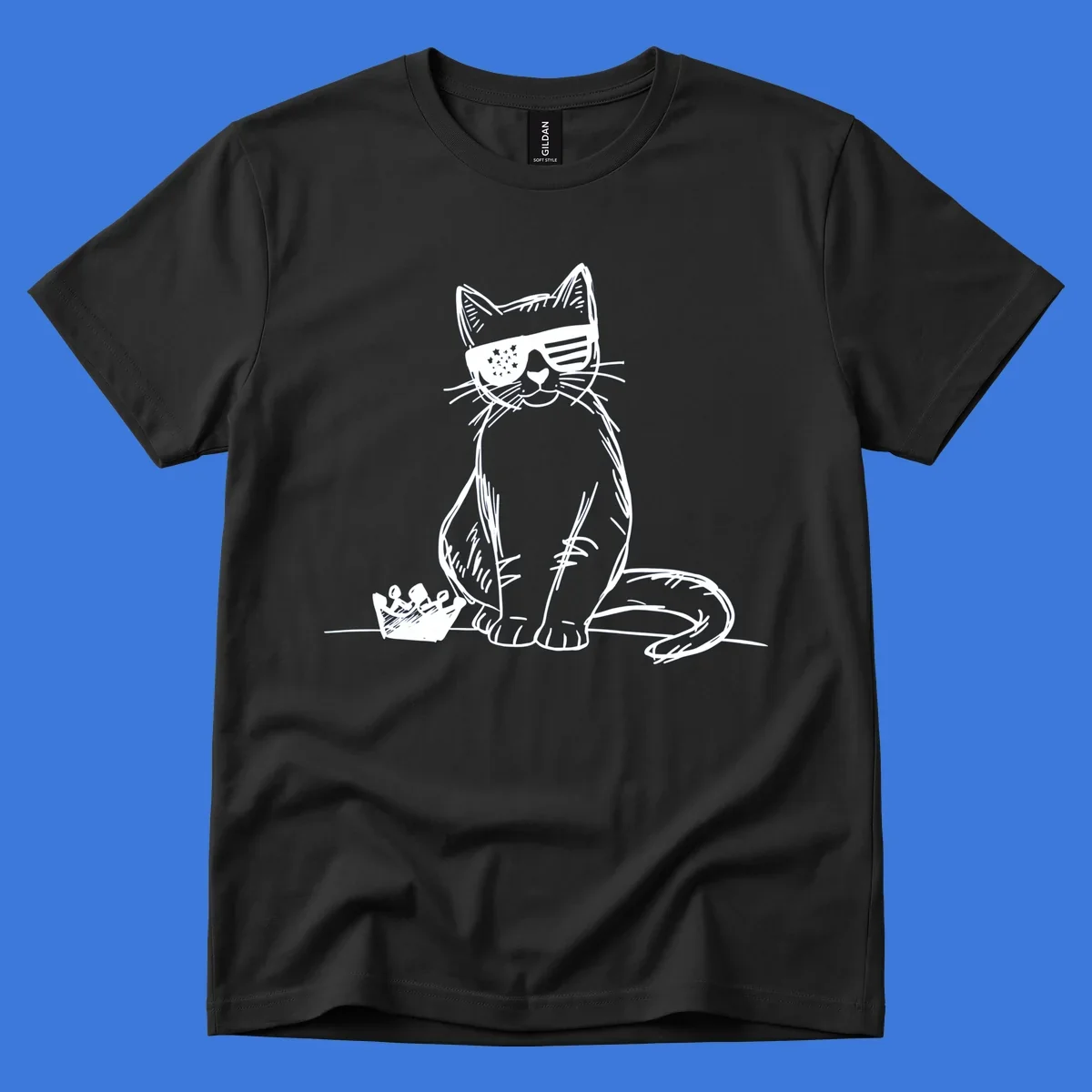 A white sketch of a cat wearing star-spangled sunglasses, sitting next to a small crown, representing patriotic-cat-sunglasses.