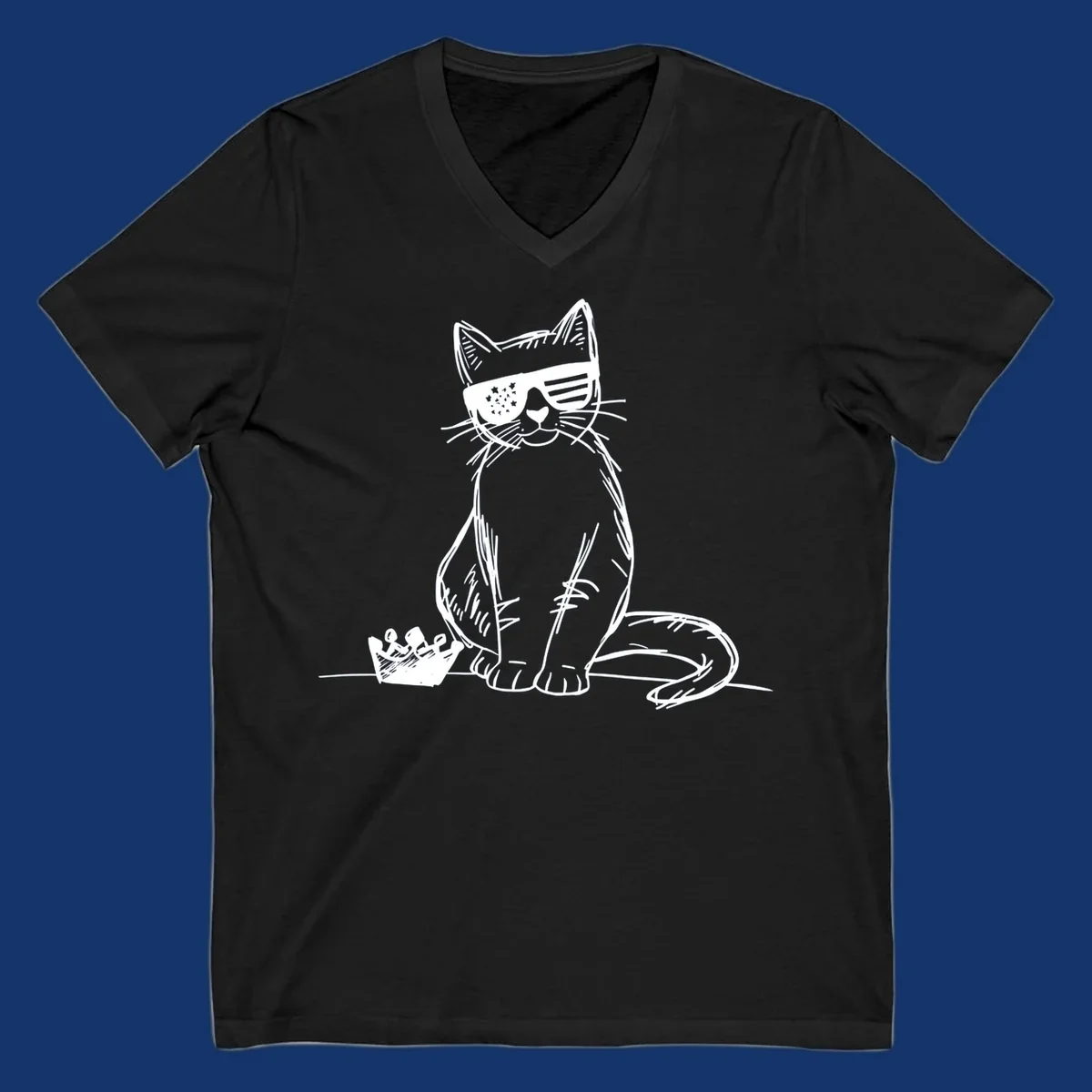 A white sketch of a cat wearing star-spangled sunglasses, sitting next to a small crown, representing patriotic-cat-sunglasses.
