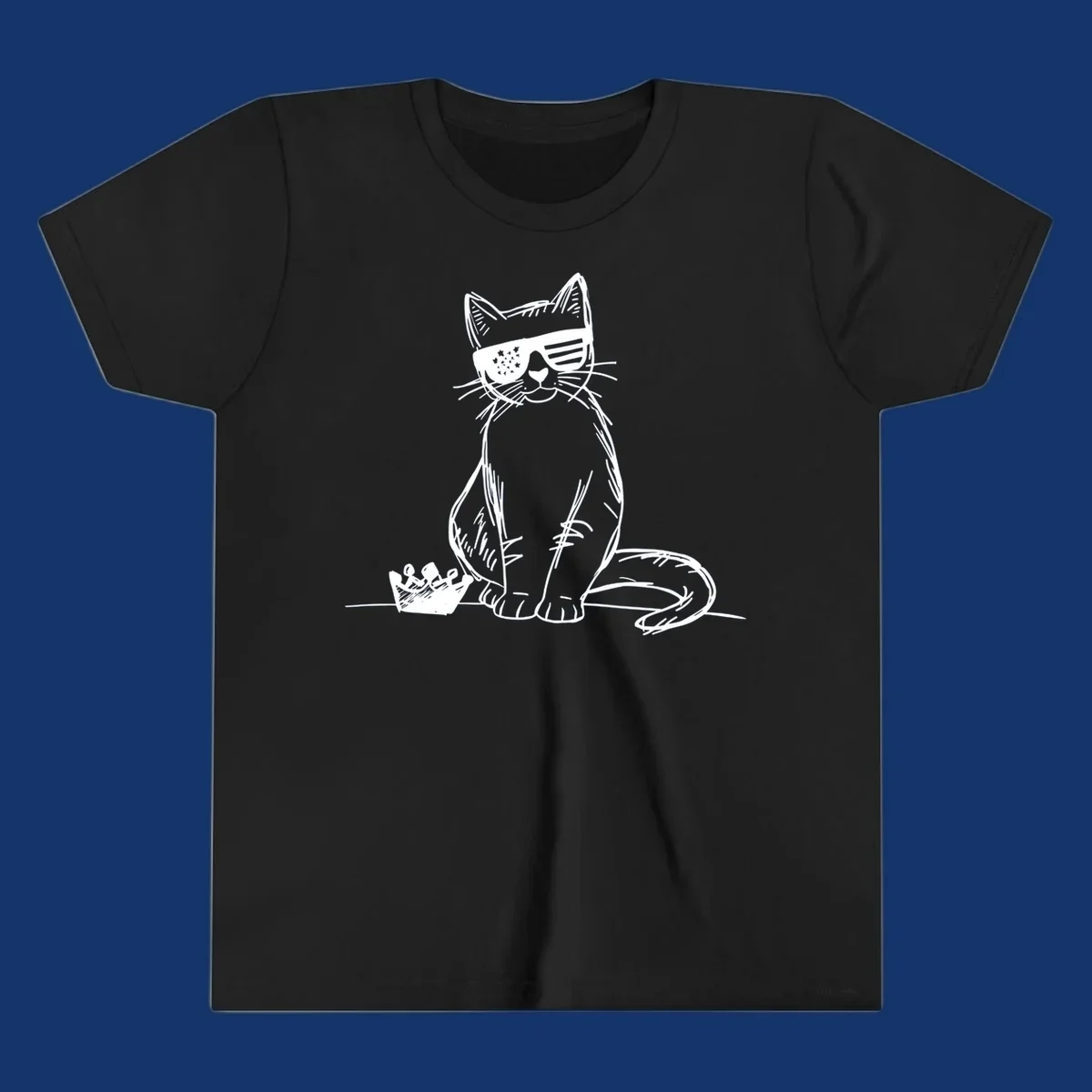 A white sketch of a cat wearing star-spangled sunglasses, sitting next to a small crown, representing patriotic-cat-sunglasses.