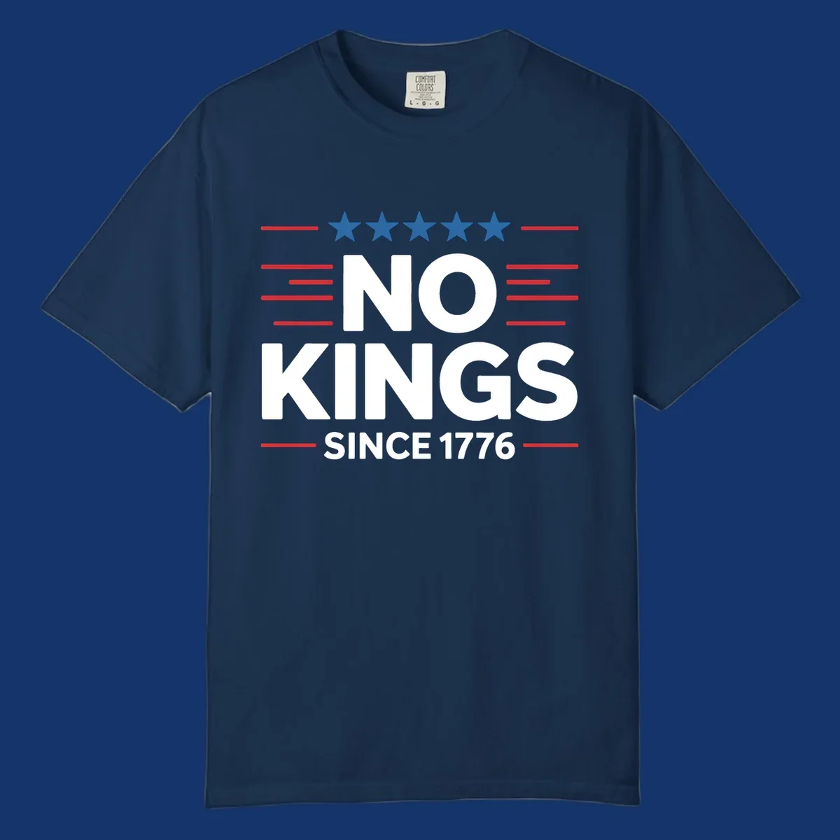 A patriotic design featuring white text 'NO KINGS SINCE 1776' framed by red stripes and five blue stars, representing no-kings-since-1776.