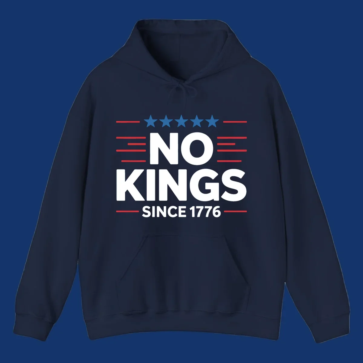 A patriotic design featuring white text 'NO KINGS SINCE 1776' framed by red stripes and five blue stars, representing no-kings-since-1776.