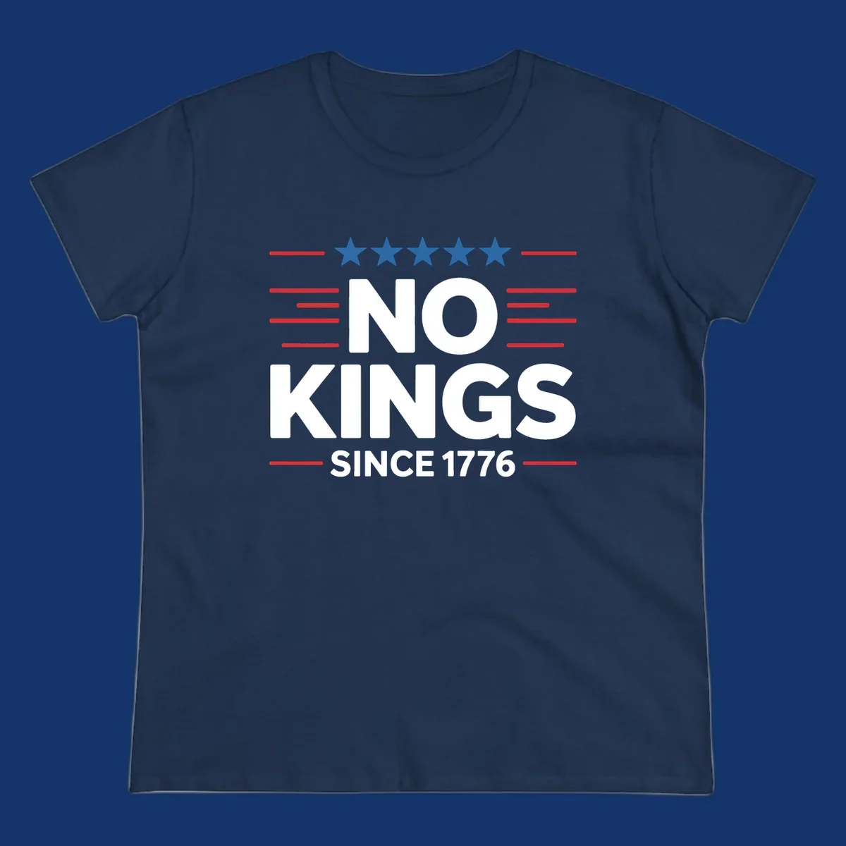 A patriotic design featuring white text 'NO KINGS SINCE 1776' framed by red stripes and five blue stars, representing no-kings-since-1776.