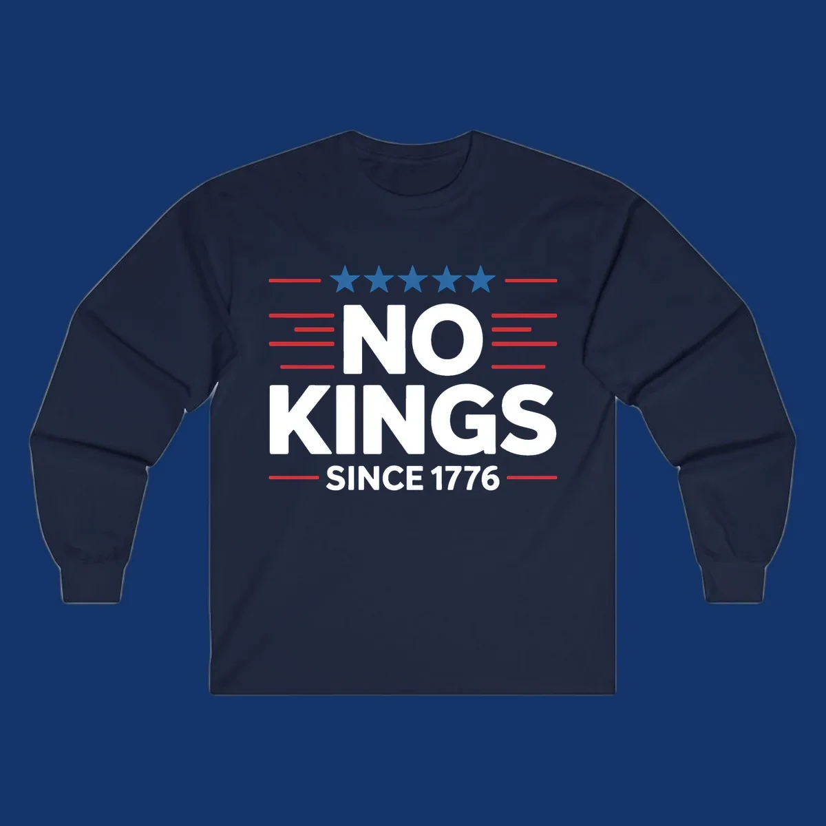 A patriotic design featuring white text 'NO KINGS SINCE 1776' framed by red stripes and five blue stars, representing no-kings-since-1776.