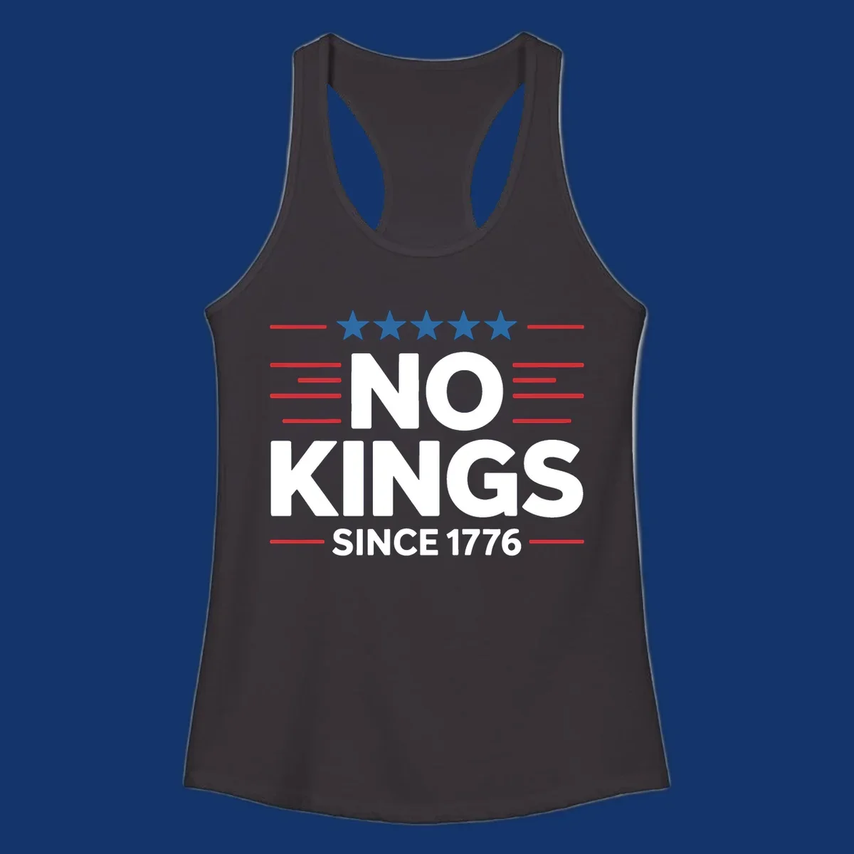 A patriotic design featuring white text 'NO KINGS SINCE 1776' framed by red stripes and five blue stars, representing no-kings-since-1776.