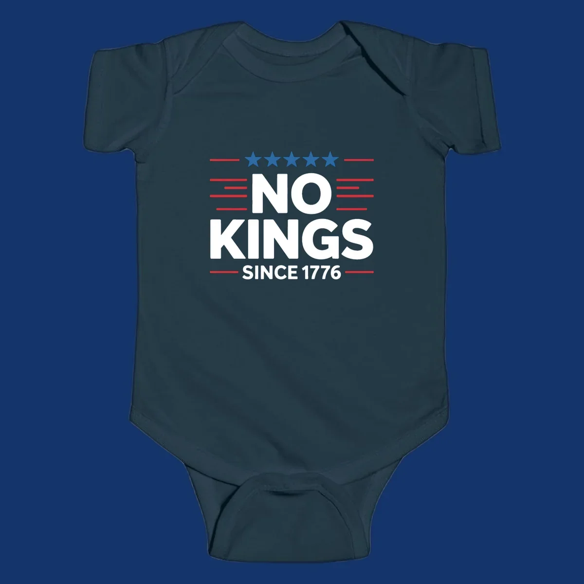 A patriotic design featuring white text 'NO KINGS SINCE 1776' framed by red stripes and five blue stars, representing no-kings-since-1776.
