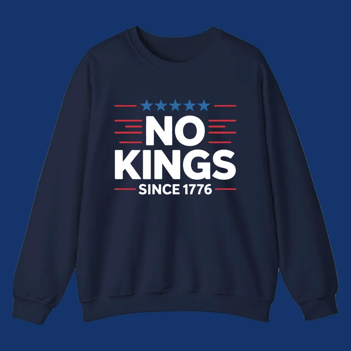A patriotic design featuring white text 'NO KINGS SINCE 1776' framed by red stripes and five blue stars, representing no-kings-since-1776.