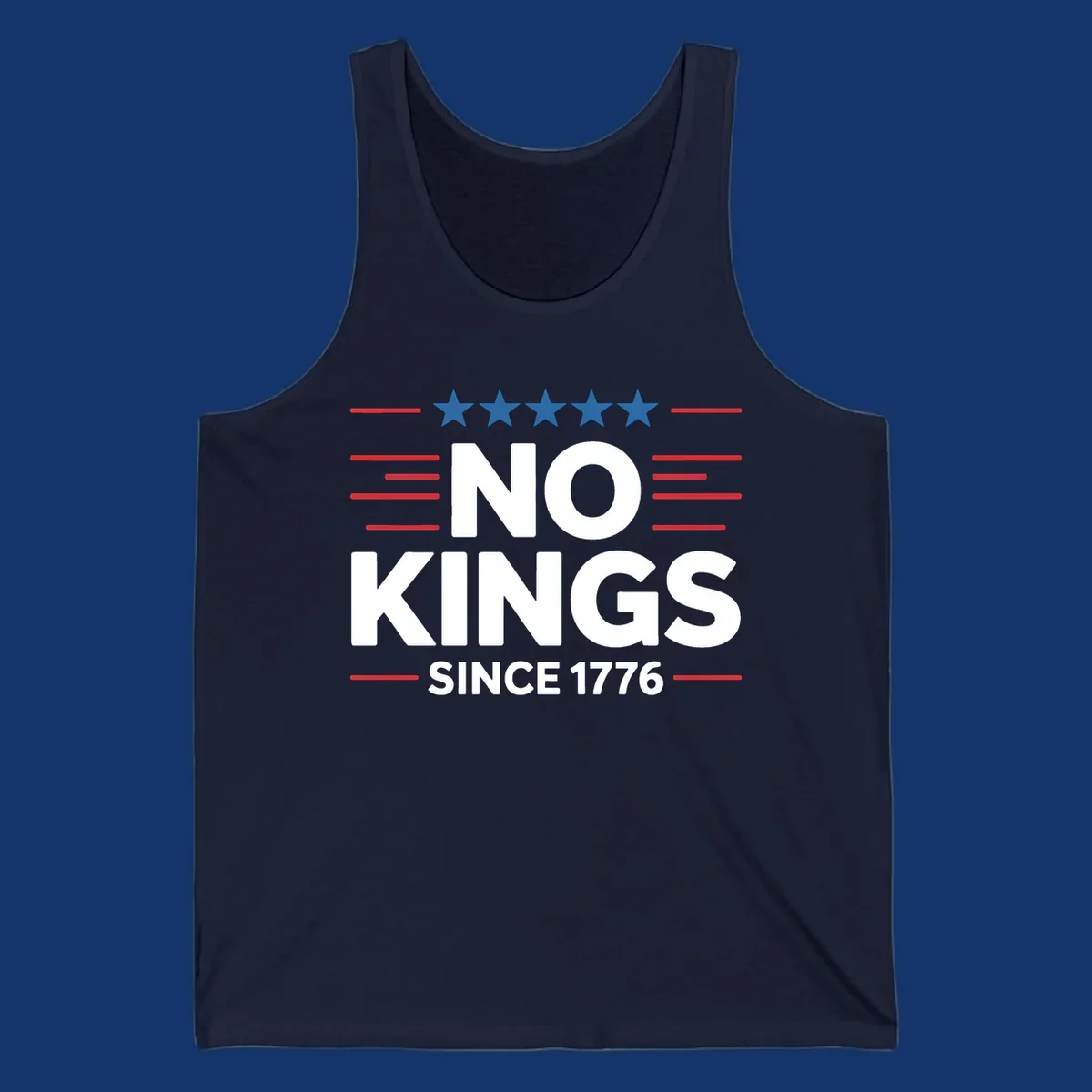 A patriotic design featuring white text 'NO KINGS SINCE 1776' framed by red stripes and five blue stars, representing no-kings-since-1776.