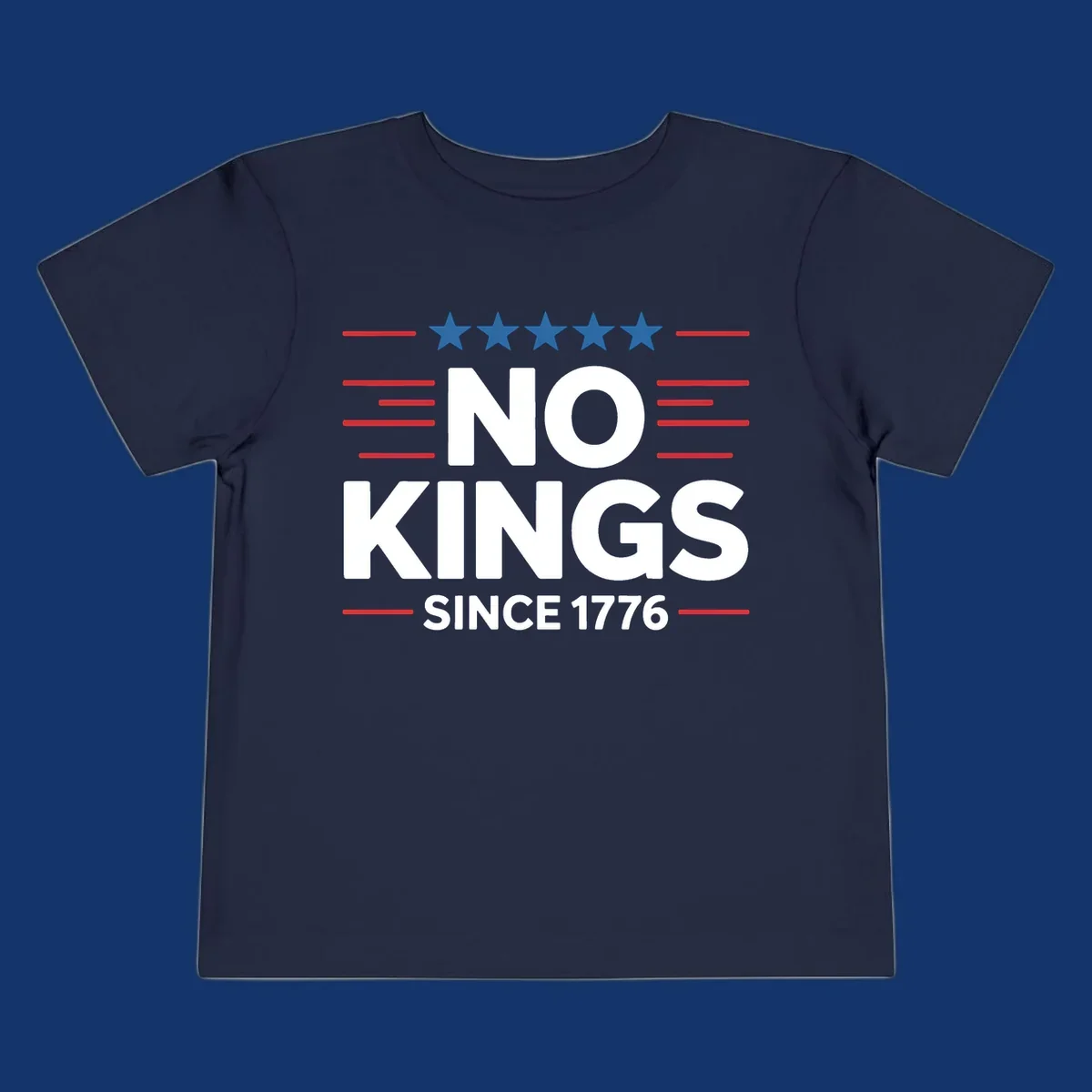 A patriotic design featuring white text 'NO KINGS SINCE 1776' framed by red stripes and five blue stars, representing no-kings-since-1776.
