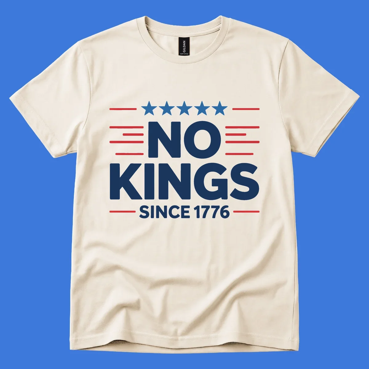 A patriotic design featuring white text 'NO KINGS SINCE 1776' framed by red stripes and five blue stars, representing no-kings-since-1776.