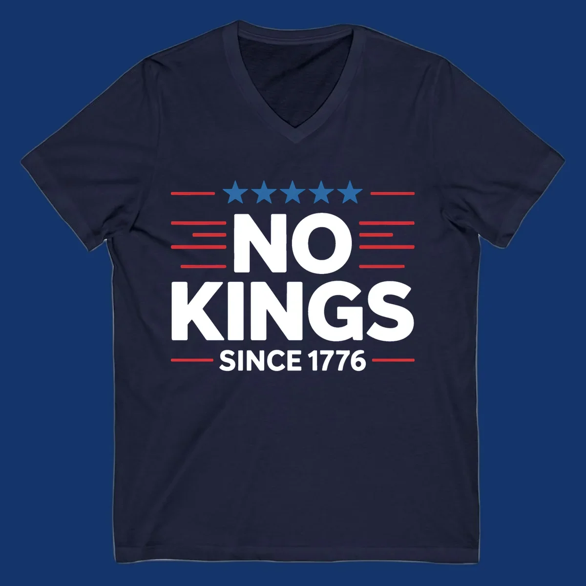 A patriotic design featuring white text 'NO KINGS SINCE 1776' framed by red stripes and five blue stars, representing no-kings-since-1776.
