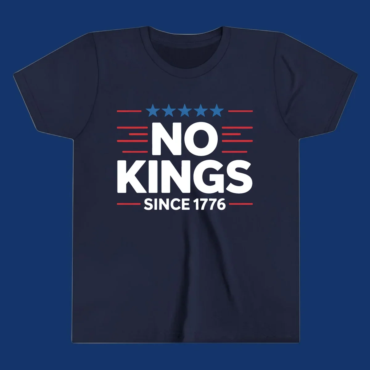 A patriotic design featuring white text 'NO KINGS SINCE 1776' framed by red stripes and five blue stars, representing no-kings-since-1776.