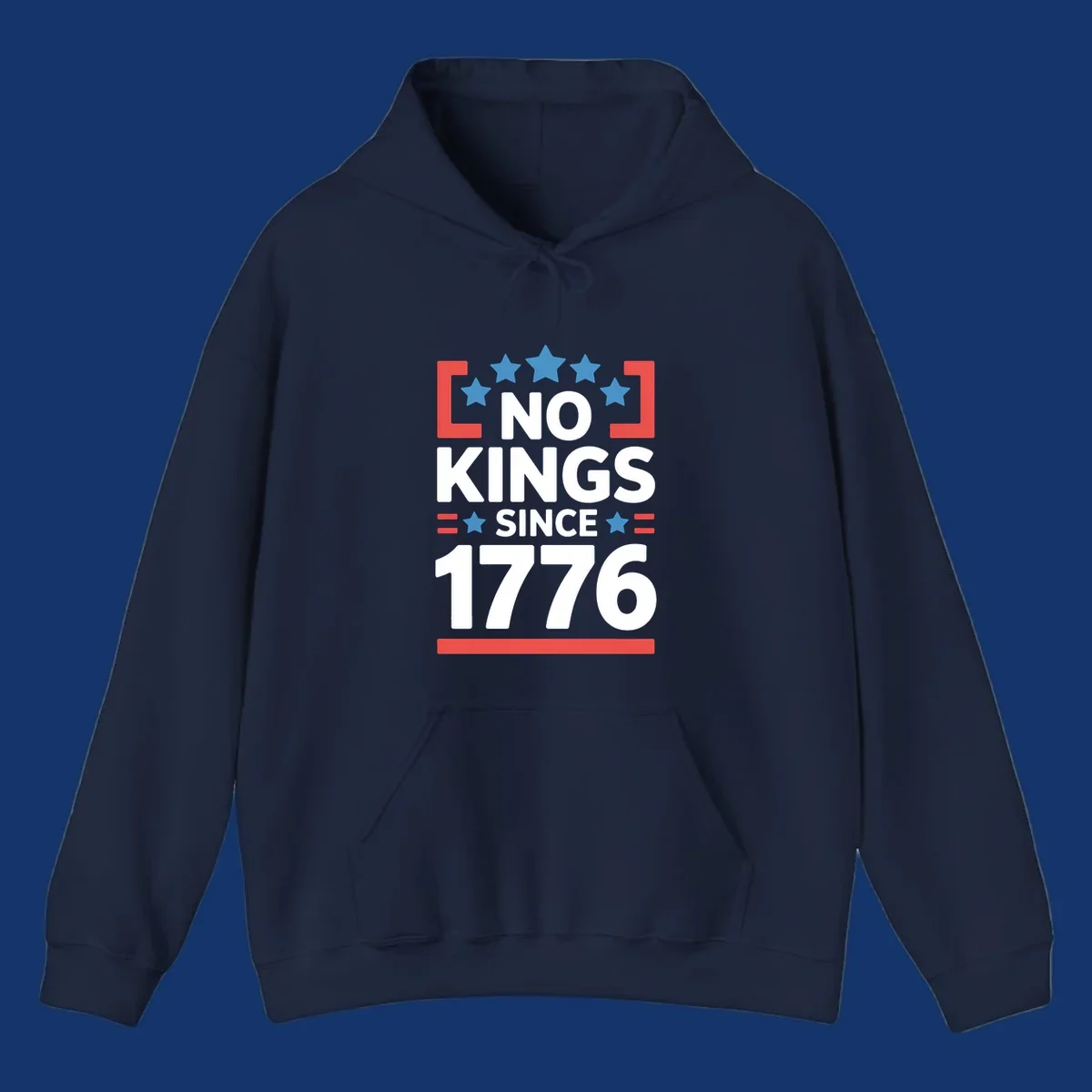 Patriotic 'no kings since 1776' design with blue stars and red brackets, perfect for America 250th anniversary celebrations.