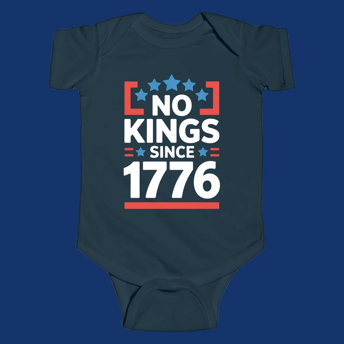 Patriotic 'no kings since 1776' design with blue stars and red brackets, perfect for America 250th anniversary celebrations.