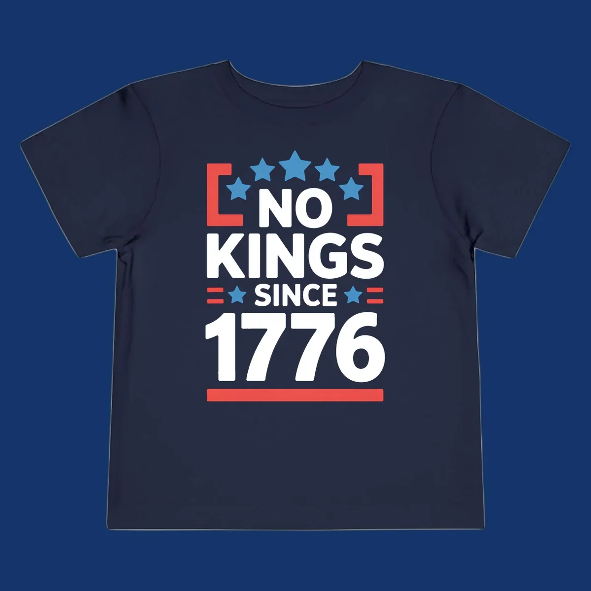 Patriotic 'no kings since 1776' design with blue stars and red brackets, perfect for America 250th anniversary celebrations.