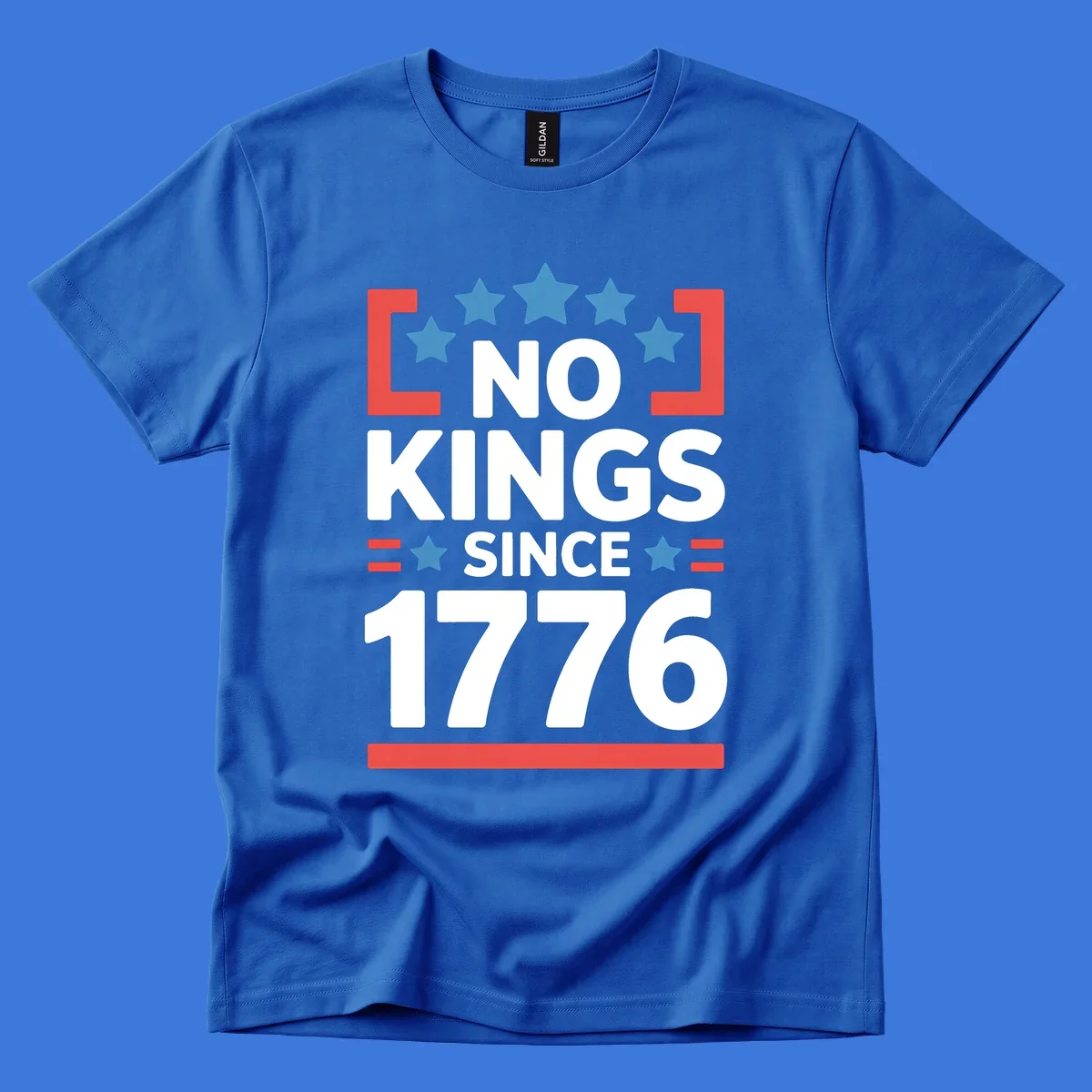 Patriotic 'no kings since 1776' design with blue stars and red brackets, perfect for America 250th anniversary celebrations.
