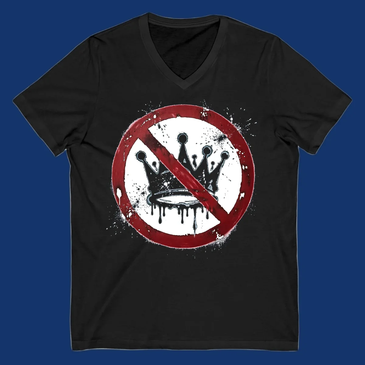A red 'no' symbol crosses out a dripping crown with paint splatters, representing no-crown-anti-monarchy.