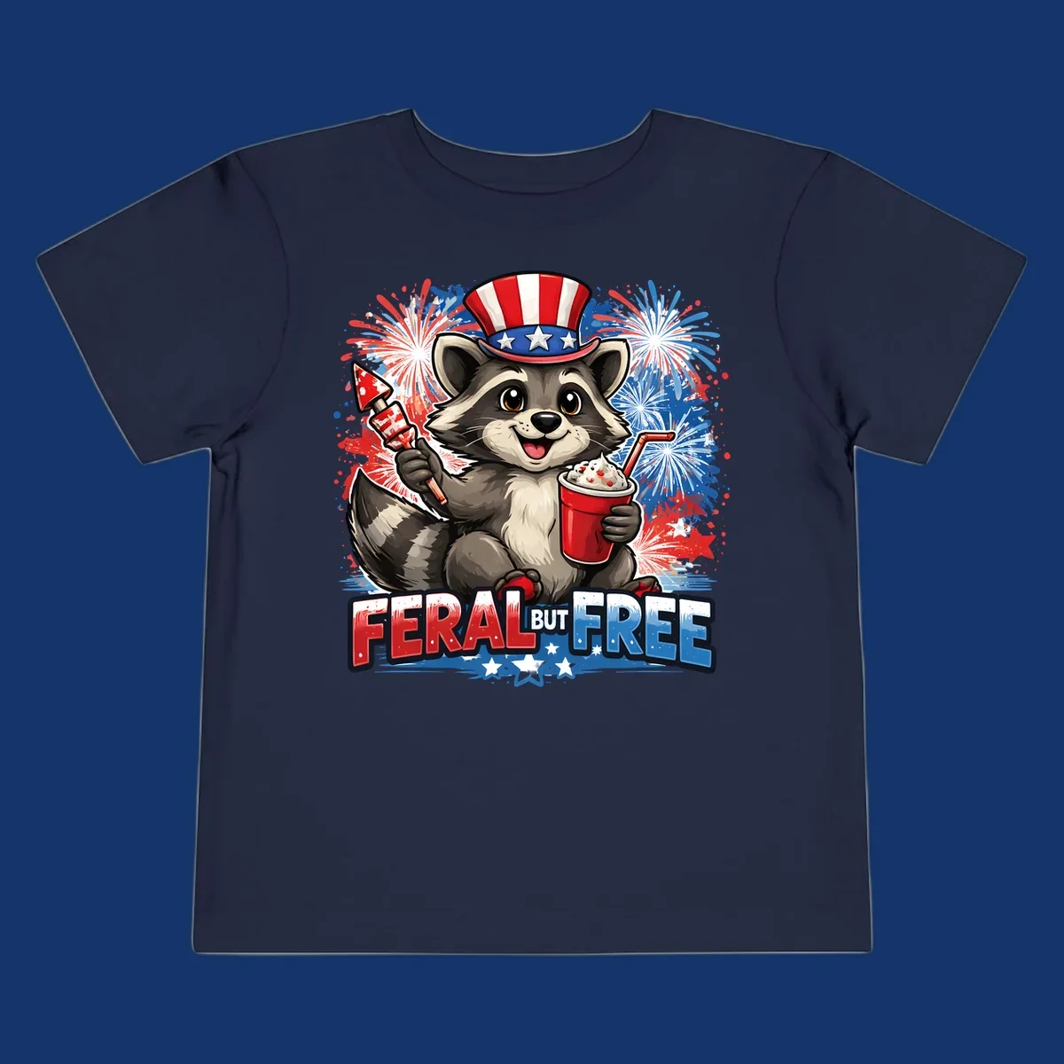 A cartoon raccoon in an Uncle Sam hat holds a firework and drink, with red, white, and blue fireworks and "FERAL BUT FREE" text.