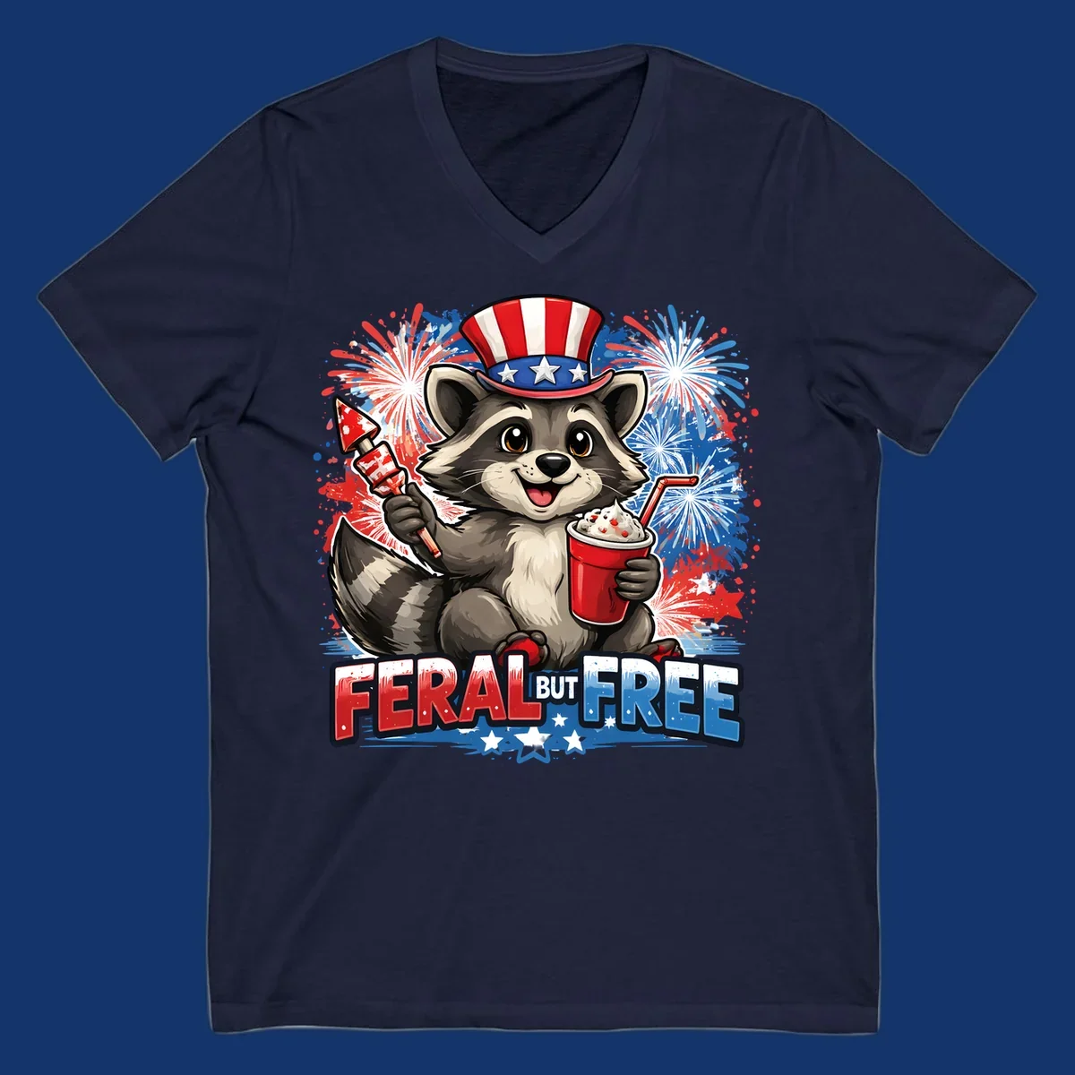 A cartoon raccoon in an Uncle Sam hat holds a firework and drink, with red, white, and blue fireworks and "FERAL BUT FREE" text.