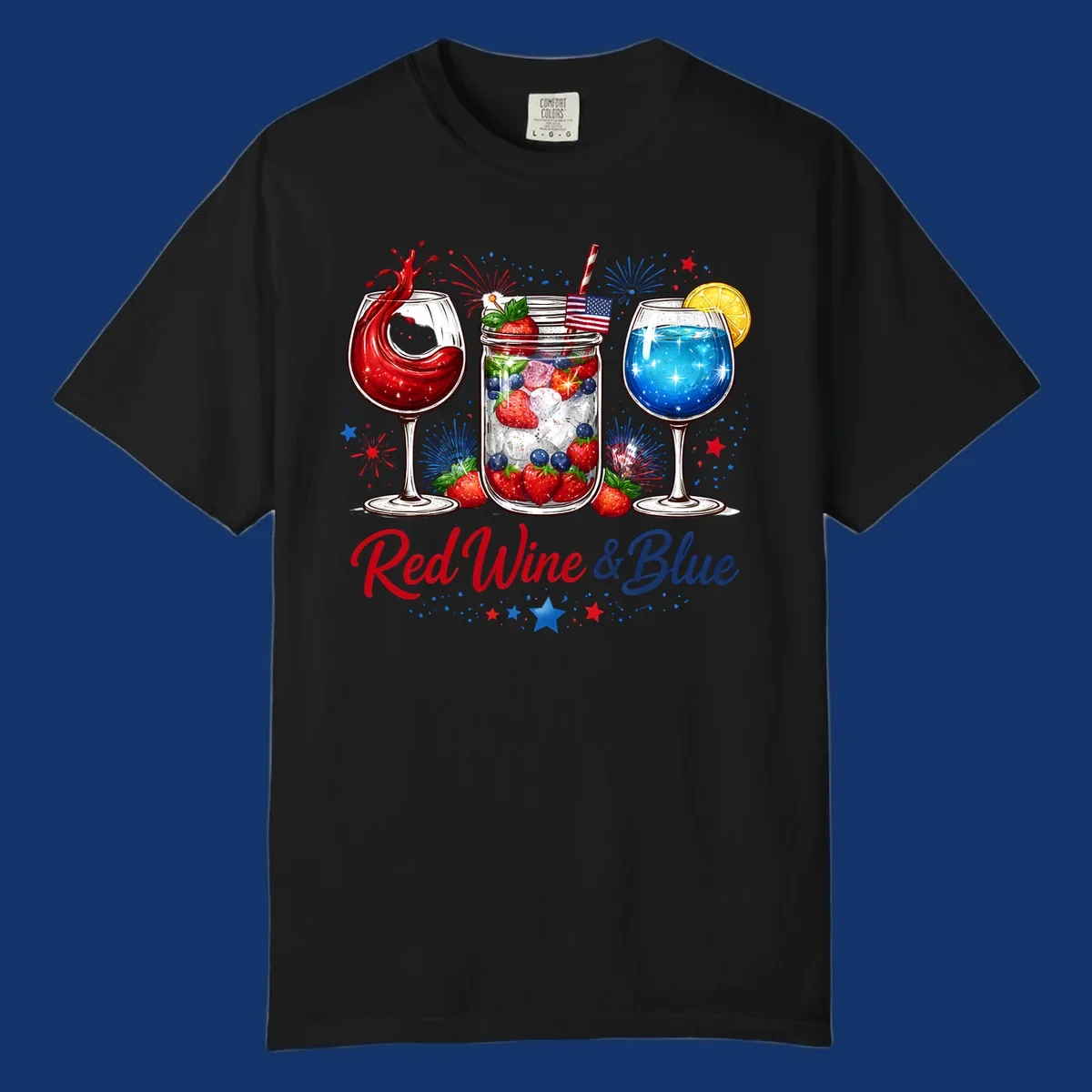 A patriotic design with a glass of red wine, a mason jar with strawberries and blueberries, and a blue drink. Fireworks and stars accent the red-wine-blue-drinks theme.
