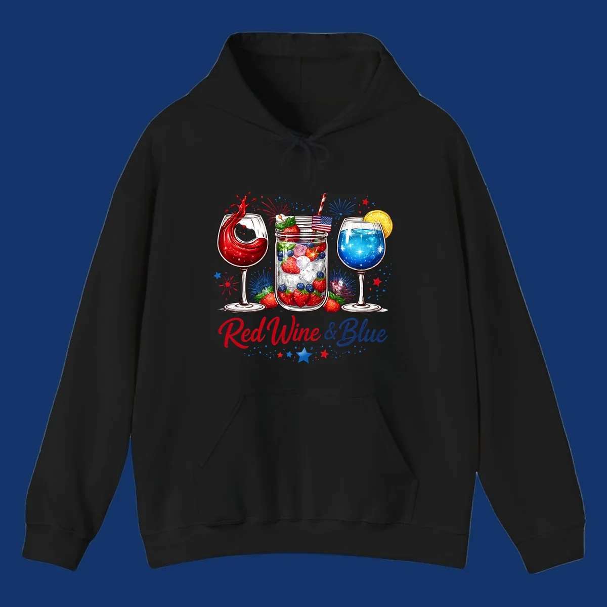 A patriotic design with a glass of red wine, a mason jar with strawberries and blueberries, and a blue drink. Fireworks and stars accent the red-wine-blue-drinks theme.