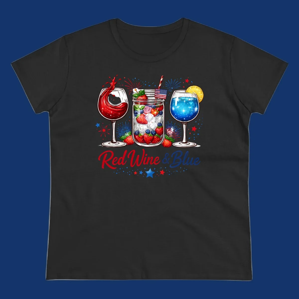 A patriotic design with a glass of red wine, a mason jar with strawberries and blueberries, and a blue drink. Fireworks and stars accent the red-wine-blue-drinks theme.