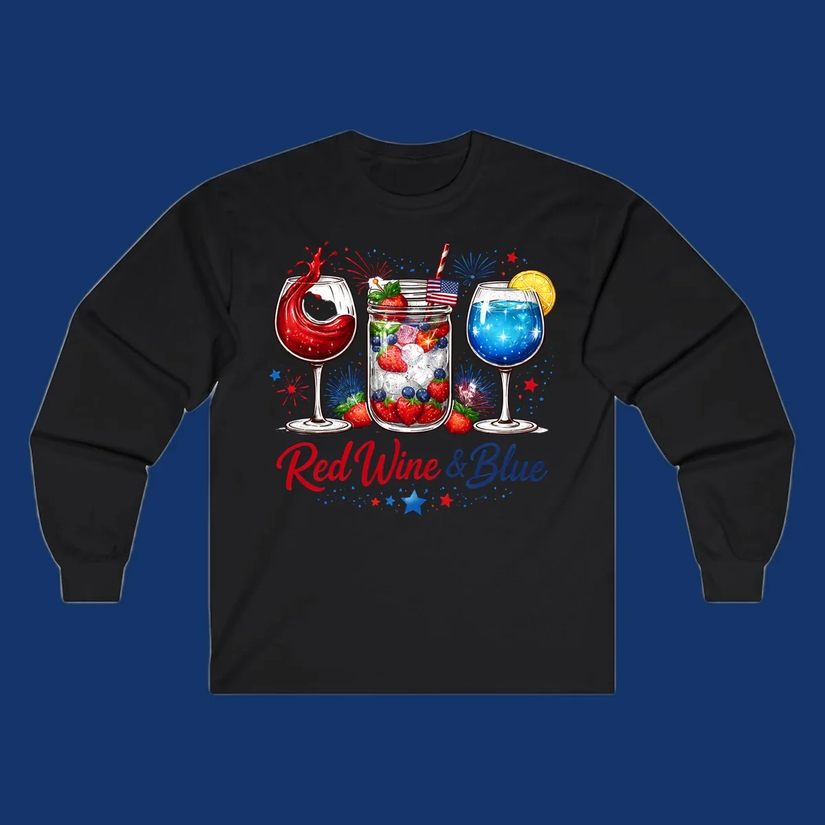 A patriotic design with a glass of red wine, a mason jar with strawberries and blueberries, and a blue drink. Fireworks and stars accent the red-wine-blue-drinks theme.