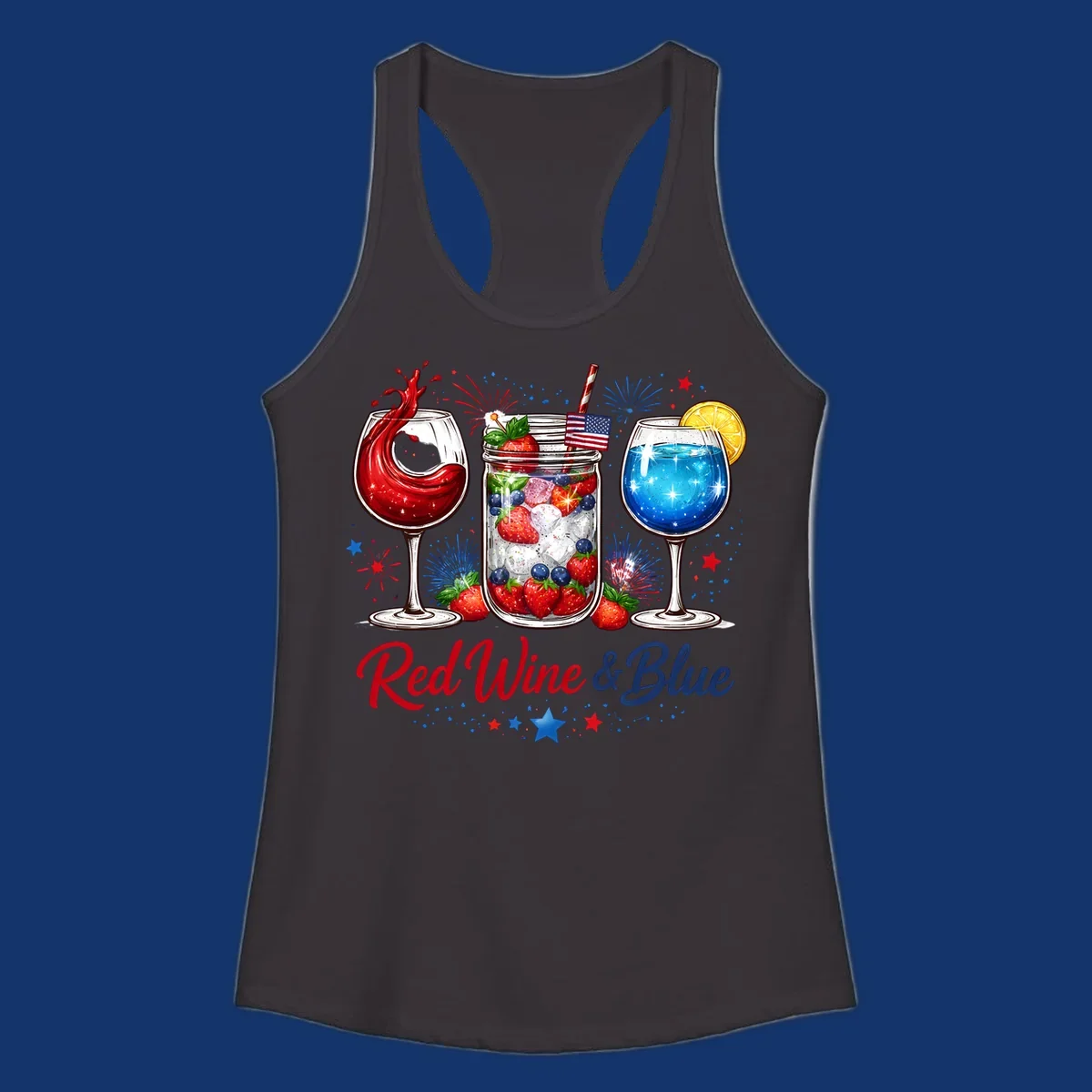 A patriotic design with a glass of red wine, a mason jar with strawberries and blueberries, and a blue drink. Fireworks and stars accent the red-wine-blue-drinks theme.