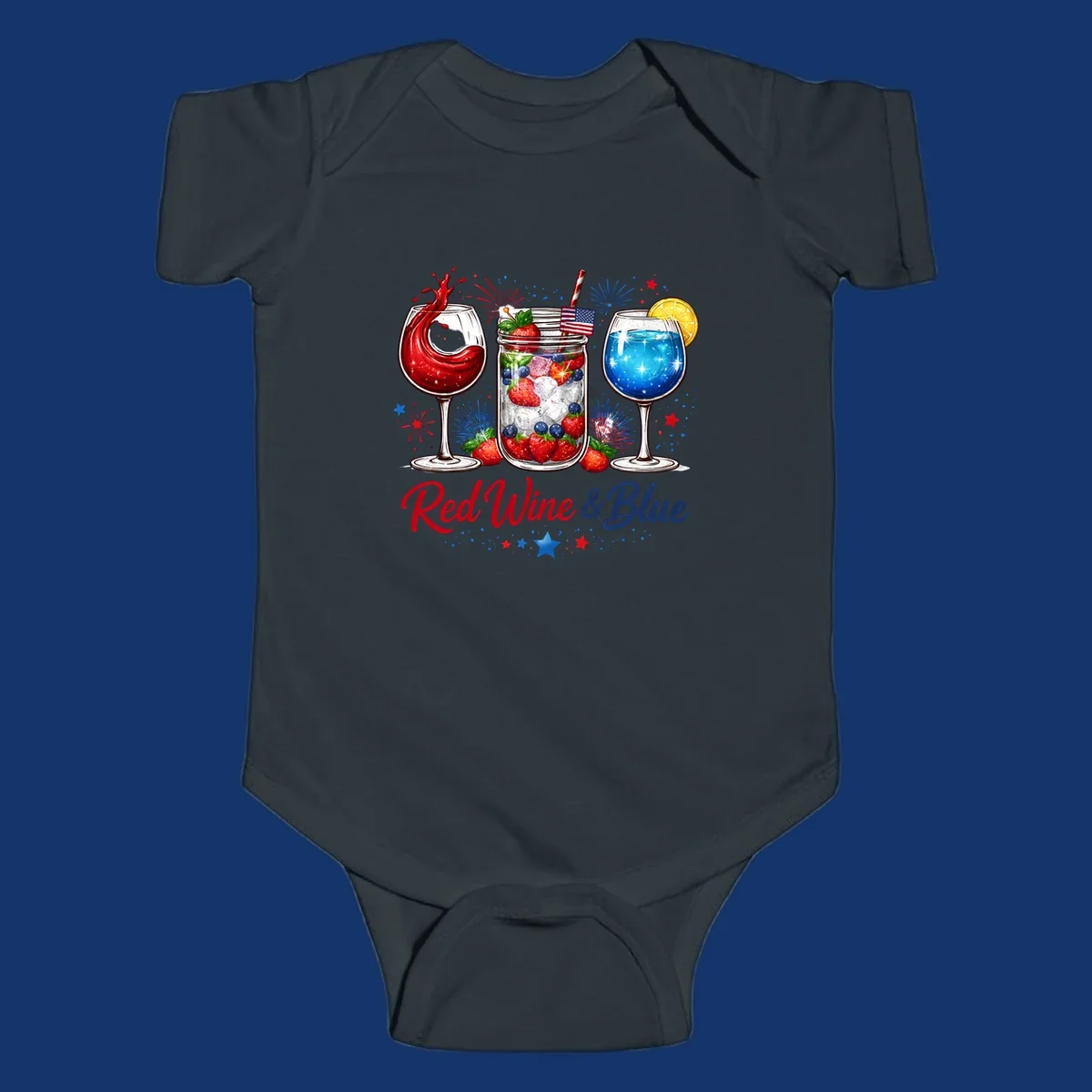 A patriotic design with a glass of red wine, a mason jar with strawberries and blueberries, and a blue drink. Fireworks and stars accent the red-wine-blue-drinks theme.