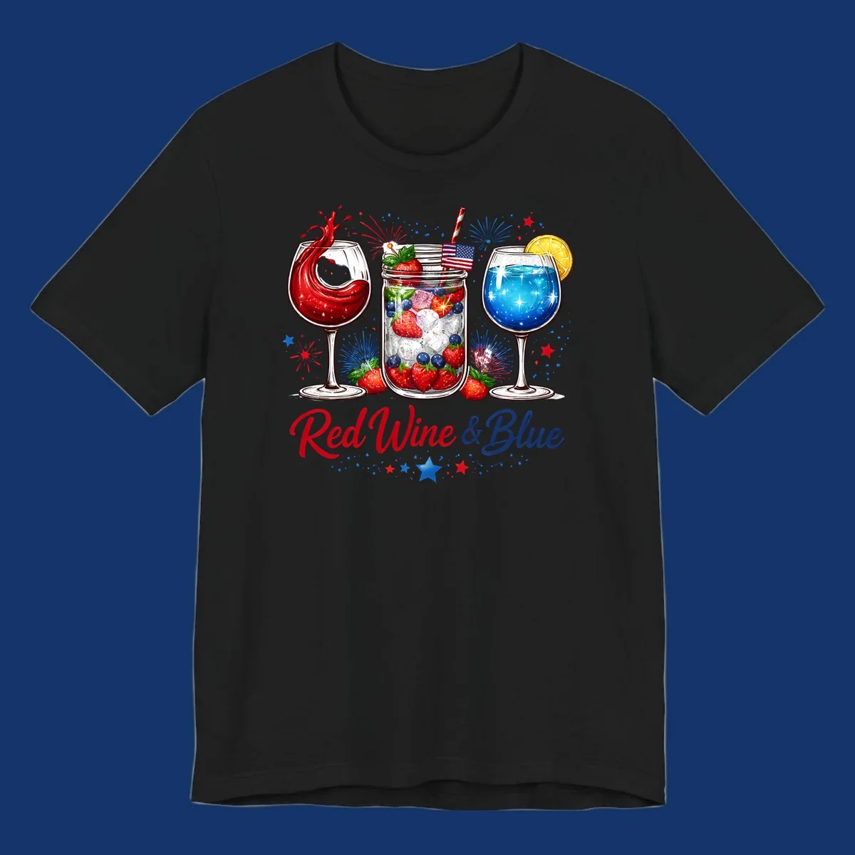 A patriotic design with a glass of red wine, a mason jar with strawberries and blueberries, and a blue drink. Fireworks and stars accent the red-wine-blue-drinks theme.