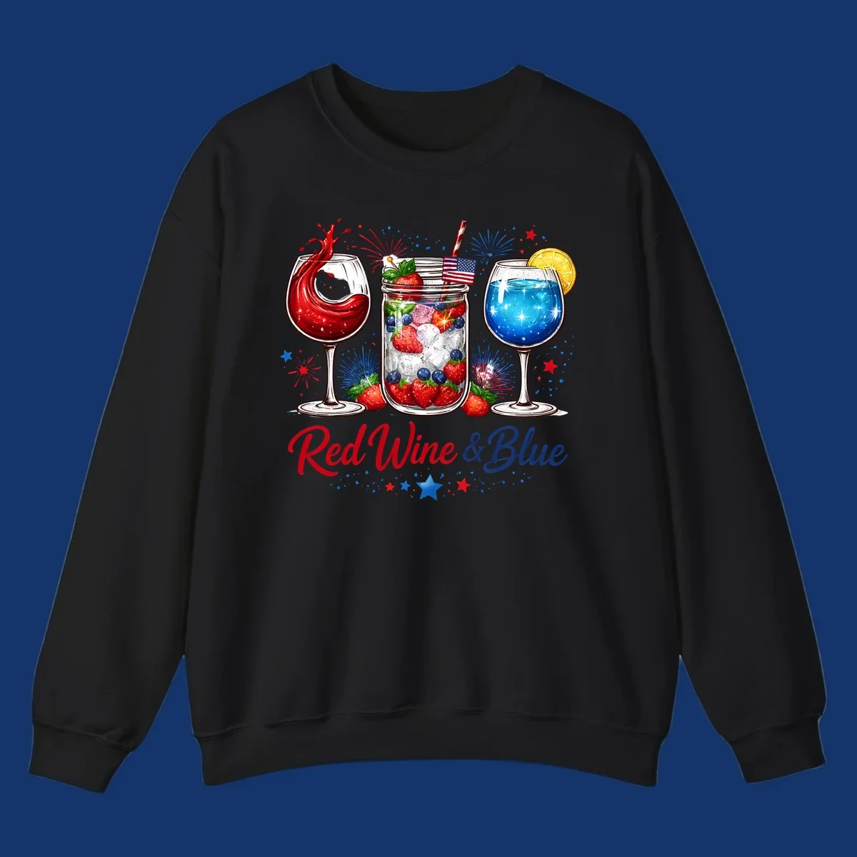 A patriotic design with a glass of red wine, a mason jar with strawberries and blueberries, and a blue drink. Fireworks and stars accent the red-wine-blue-drinks theme.