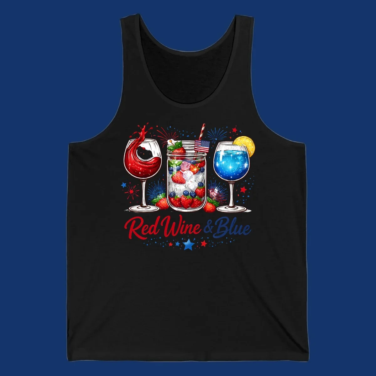 A patriotic design with a glass of red wine, a mason jar with strawberries and blueberries, and a blue drink. Fireworks and stars accent the red-wine-blue-drinks theme.