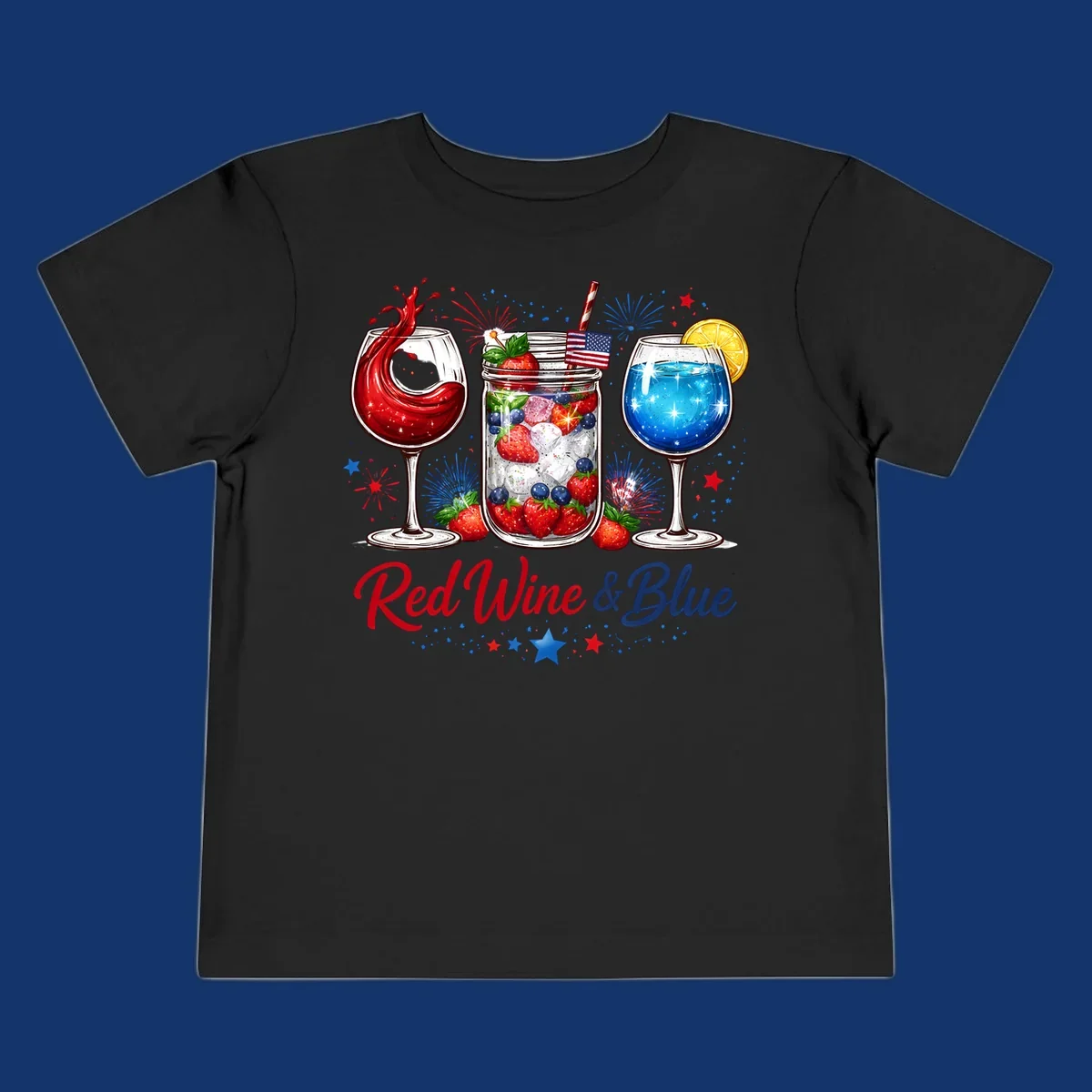 A patriotic design with a glass of red wine, a mason jar with strawberries and blueberries, and a blue drink. Fireworks and stars accent the red-wine-blue-drinks theme.