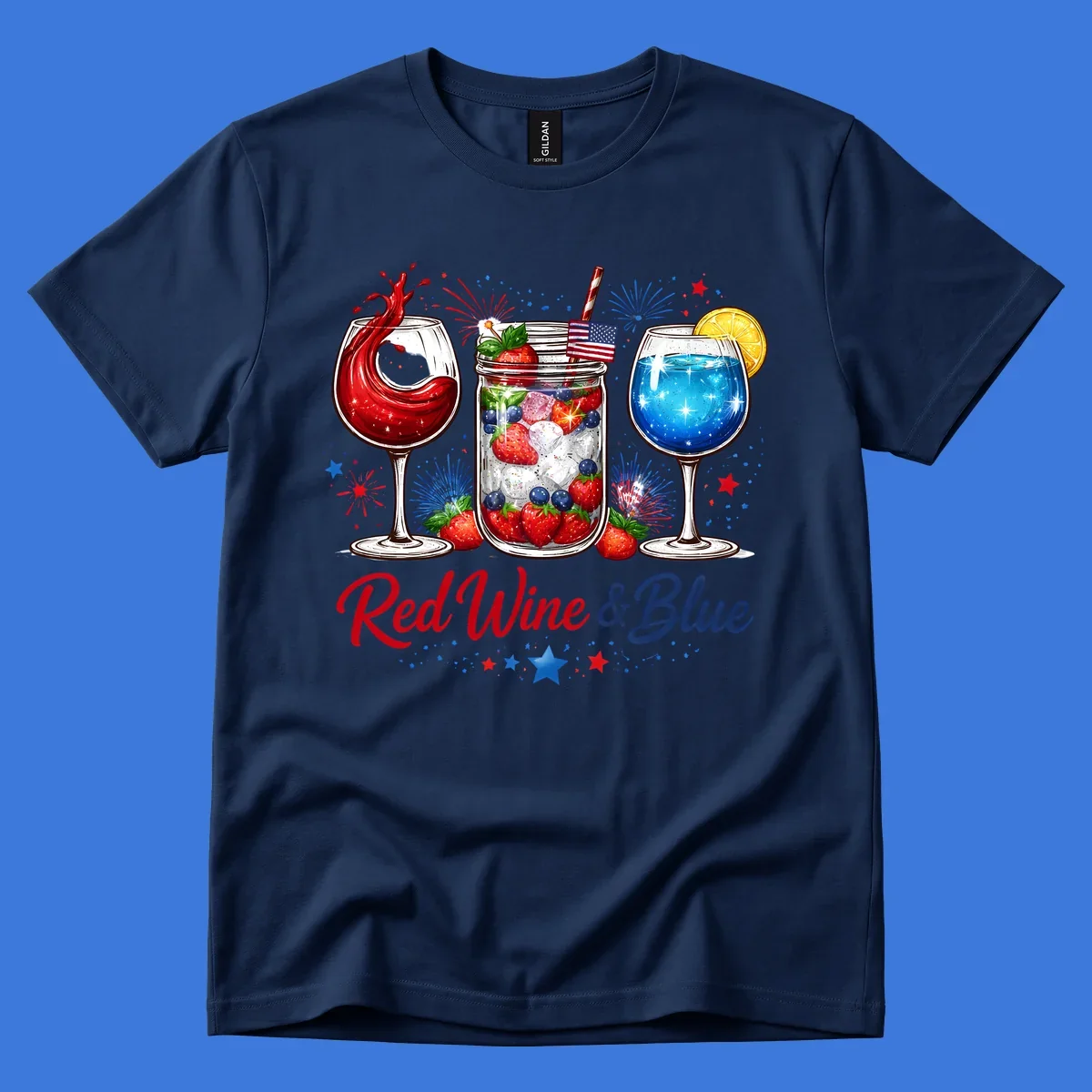 A patriotic design with a glass of red wine, a mason jar with strawberries and blueberries, and a blue drink. Fireworks and stars accent the red-wine-blue-drinks theme.