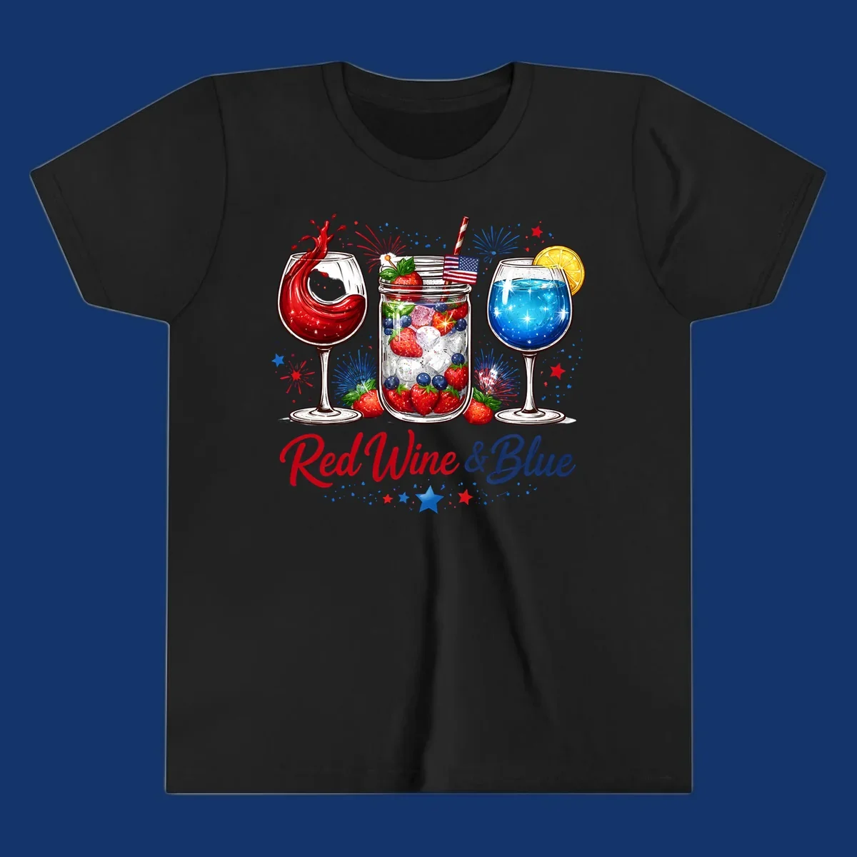 A patriotic design with a glass of red wine, a mason jar with strawberries and blueberries, and a blue drink. Fireworks and stars accent the red-wine-blue-drinks theme.