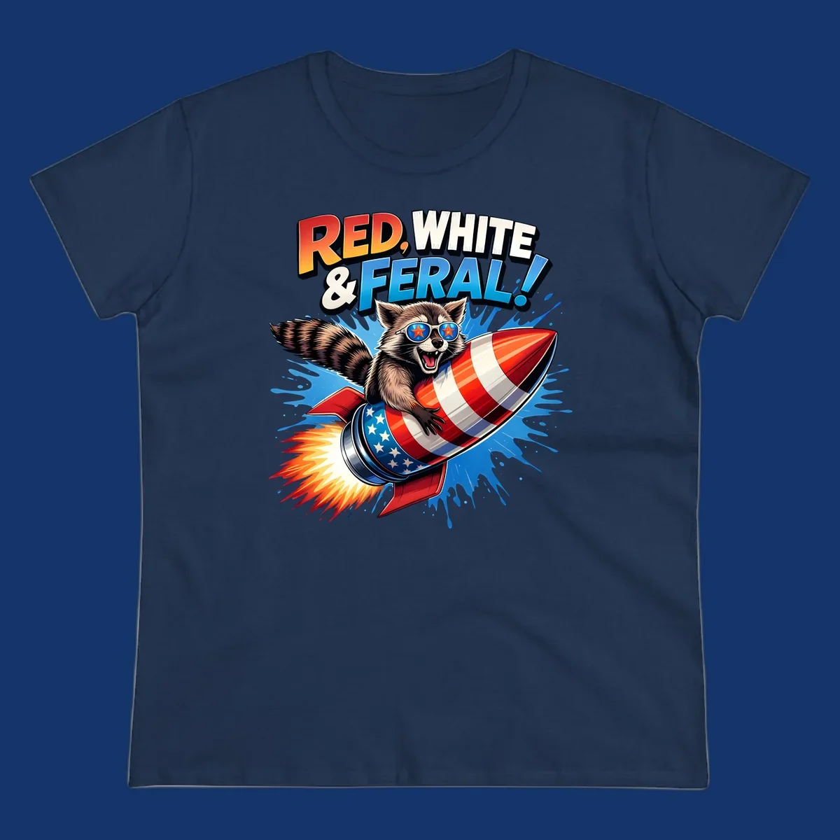 Illustration of a raccoon in star sunglasses riding an American flag rocket with the text 'RED, WHITE & FERAL!'